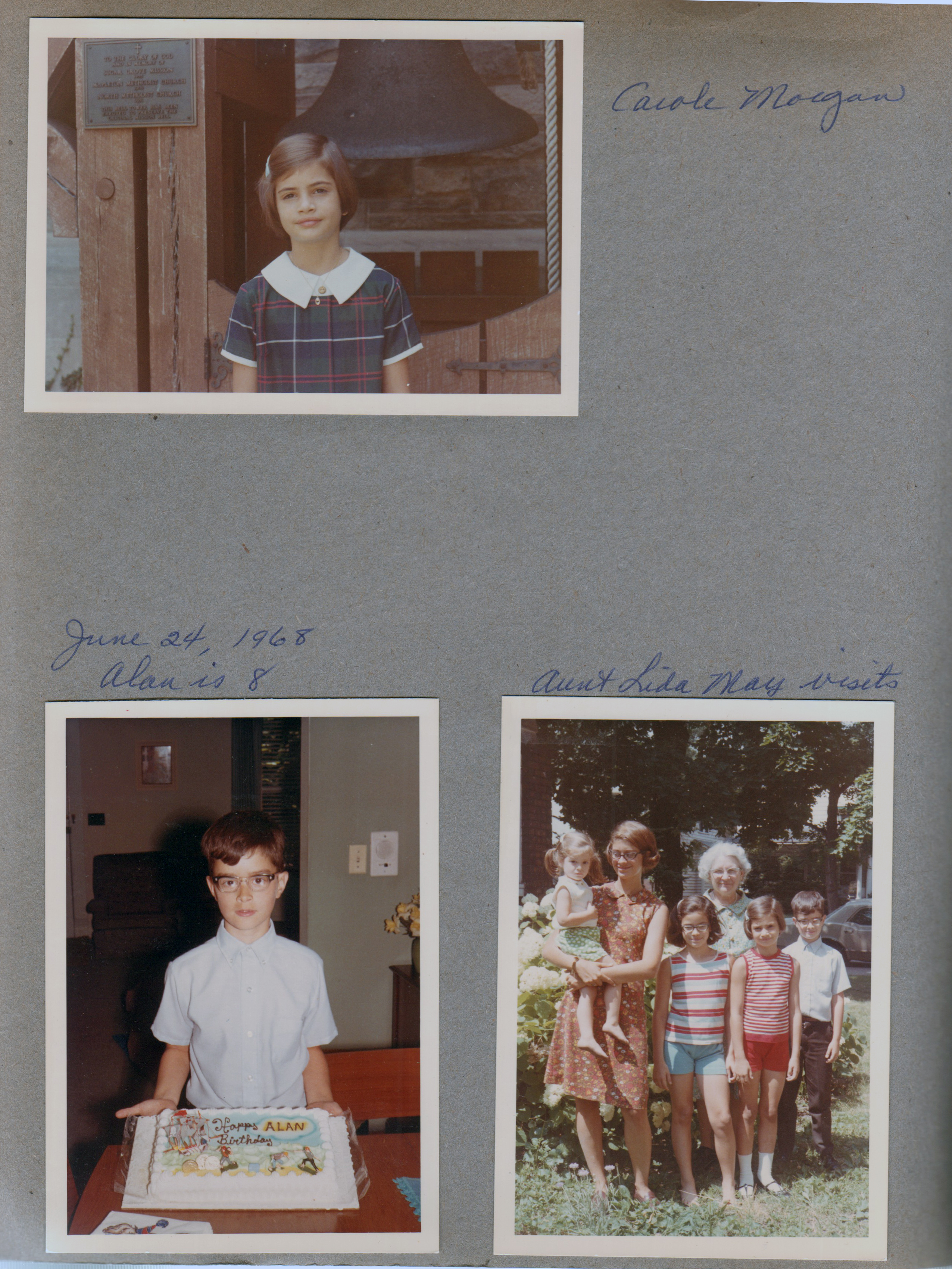 Carole Morgan at North United Methodist in courtyard by bell. 6122 dining room Alan with Roselyn birthday cake - Pirates. In yard - Cammy, Susan, Cindy, Lida May, Carole, Alan