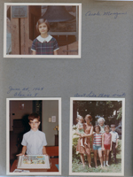 Carole Morgan at North United Methodist in courtyard by bell. 6122 dining room Alan with Roselyn birthday cake - Pirates. In yard - Cammy, Susan, Cindy, Lida May, Carole, Alan