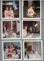 3845 Capitol - Cindy Carole and Cammy Morgan. Canny in rocking chair. Cindy in chair. Helen and Rosemary in dining room. Vonnie, Carole and Cindy in kitchen.  Rosemary, Susan, Vonnie on sofa.