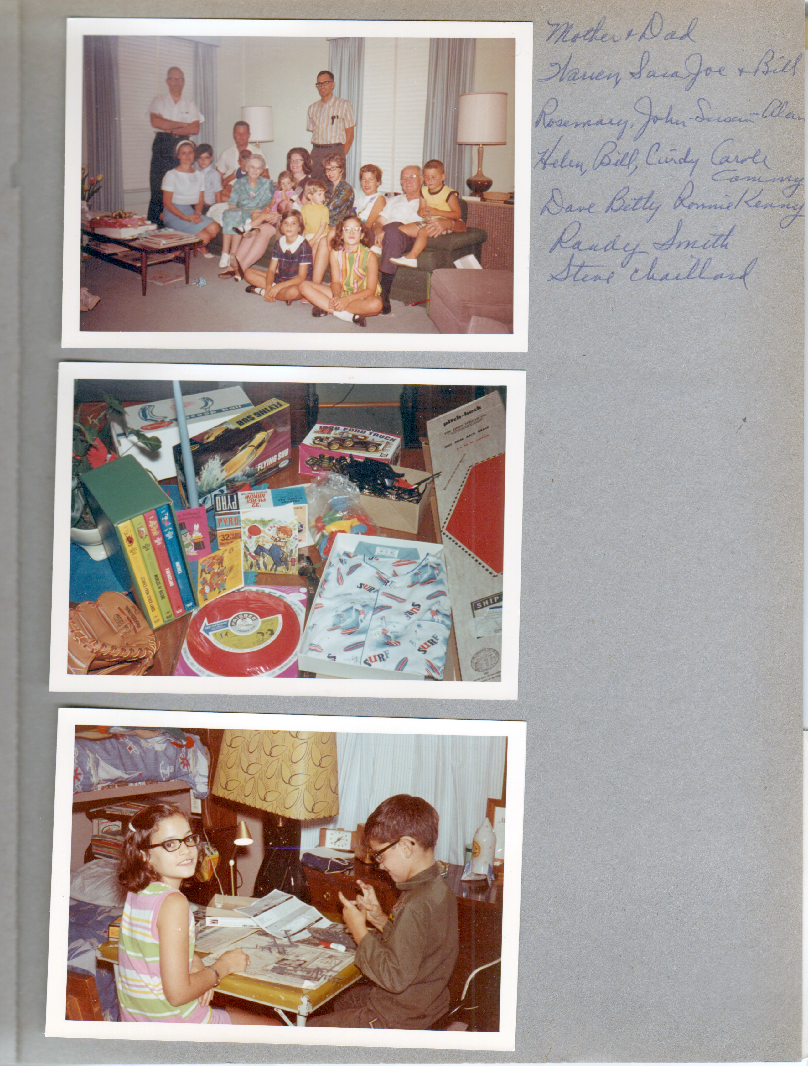 6122 living room - Warren, Rosemary, Alan, Dave, Kenny, Vonnie, Cammy, Bill, Carole, Helen, Joe, Bill, Sara, Cindy, Betty, Curt, Ronnie. Table full of Alan's birthday presents - frisbee, Disney books, Flying Sub Aurora model. Alan's room - Cindy and Alan building model