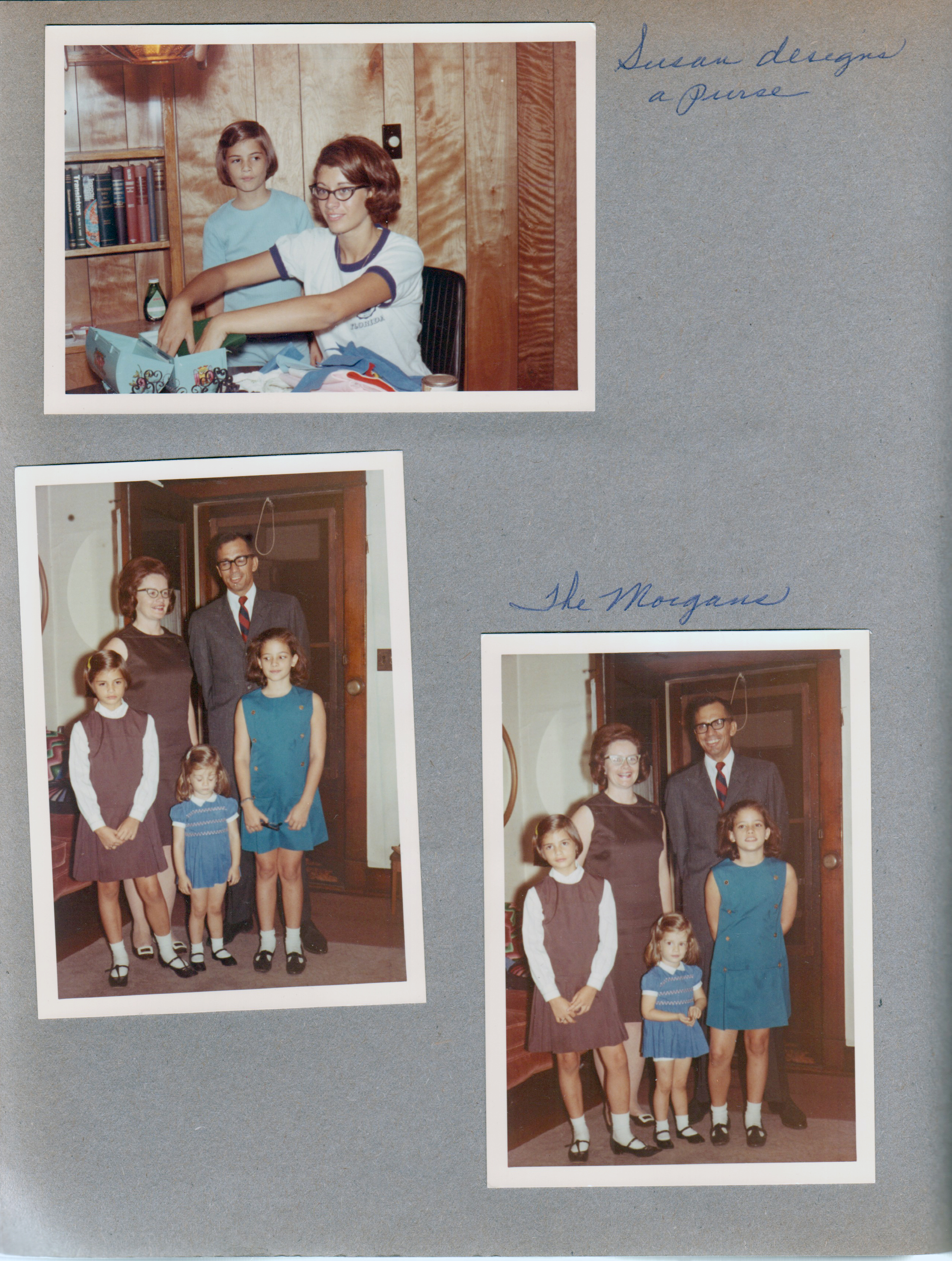 6122 basement - Carole and Susan making lunch box purse. 3845 Capitol Carole, Helen, Cammy, Bill and Cindy Morgan