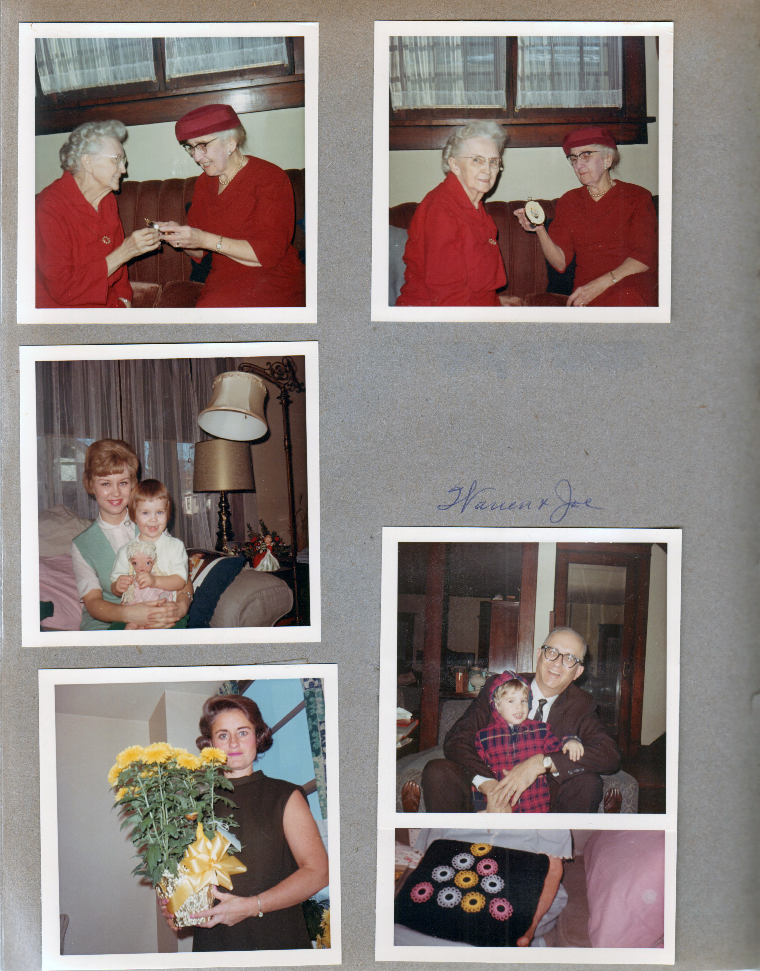 3845 Capitol - Vonnie and Helen Wells. Beck and Paula Meadors. Warren and John. Rosemary with flowers. Vonnie with tatting.
