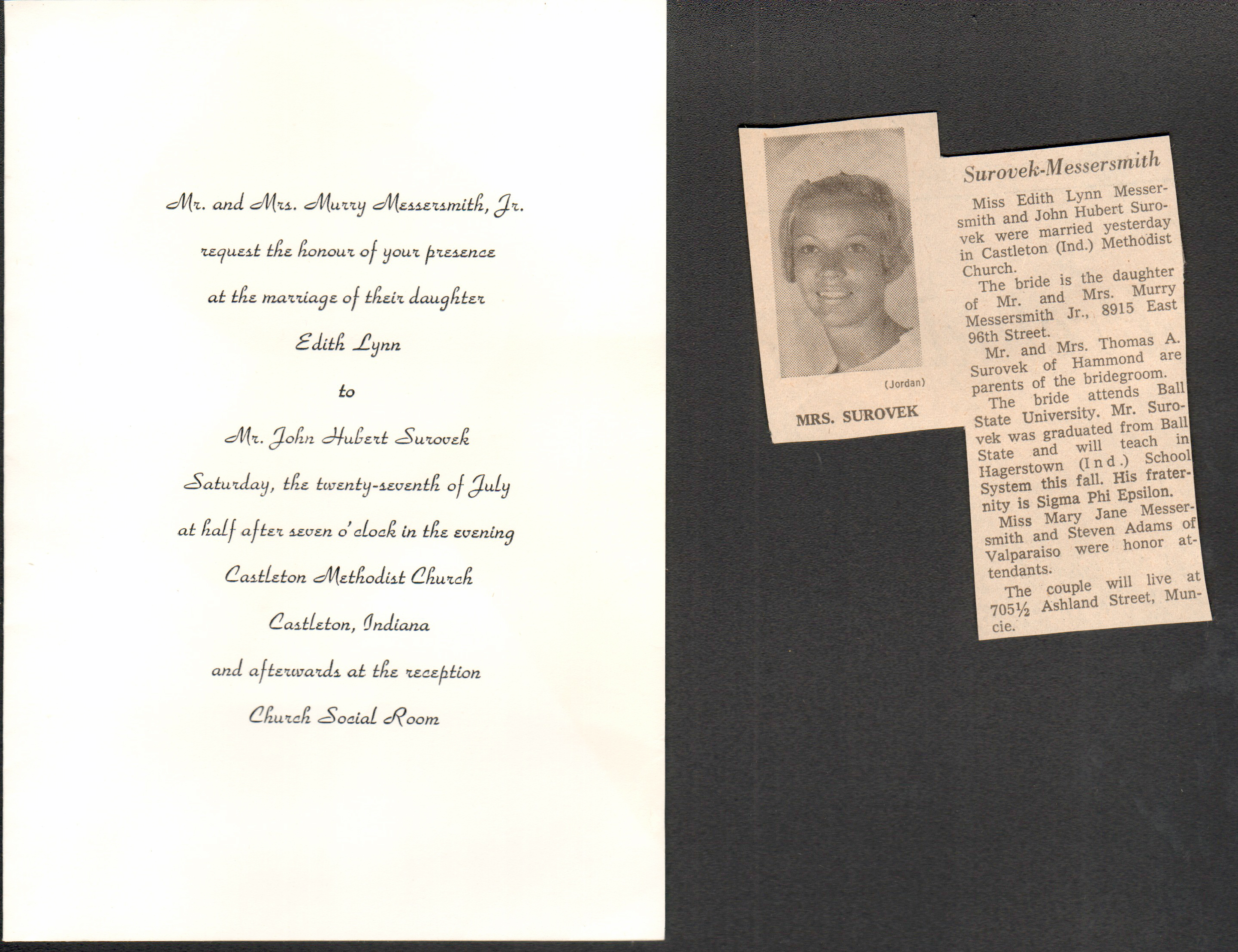 Lynn Messersmith wedding invitation and newspaper clipping
