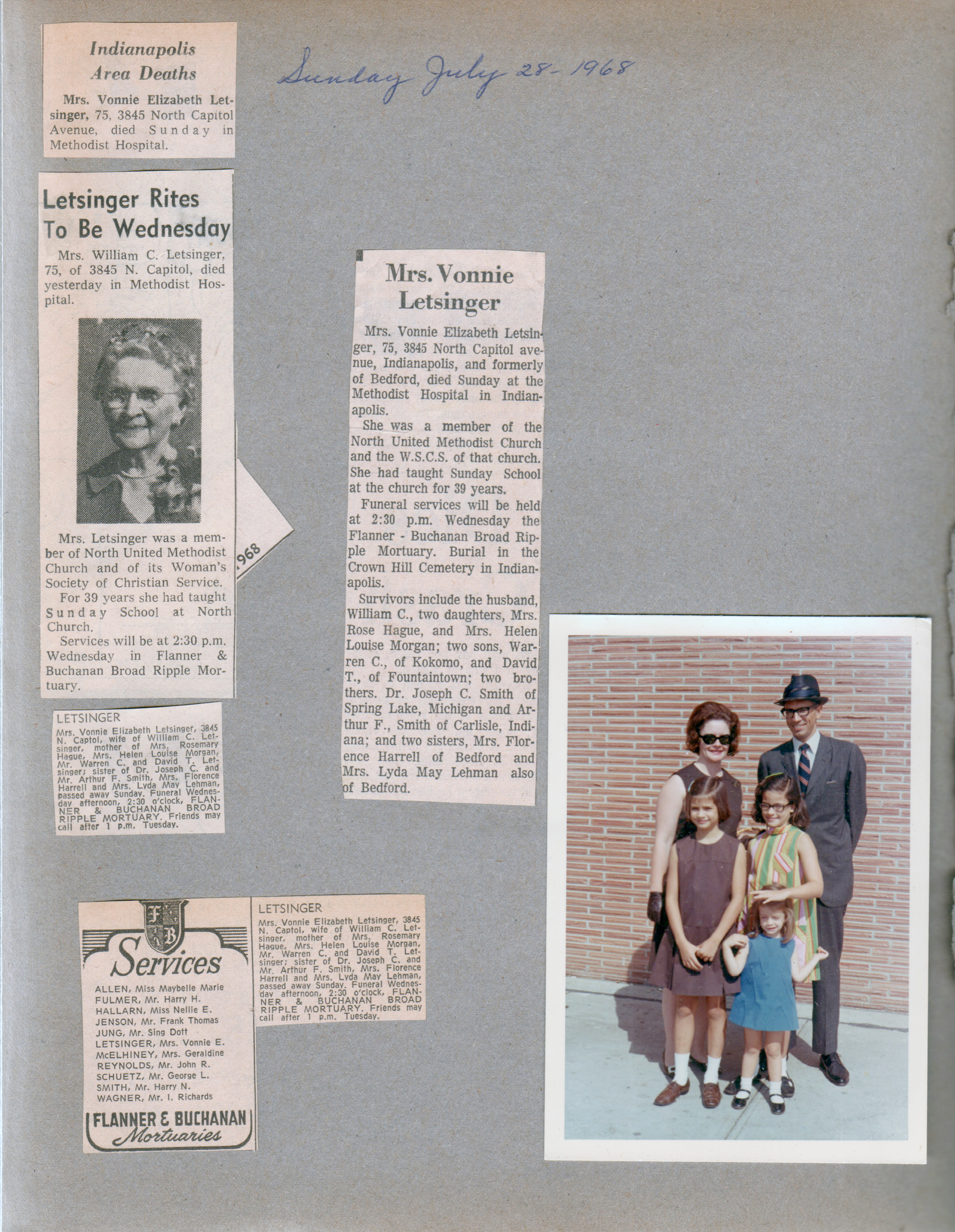 newspaper clipping - Vonnie Letsinger obituary. Helen, Bill, Carole, Cindy and Cammy
