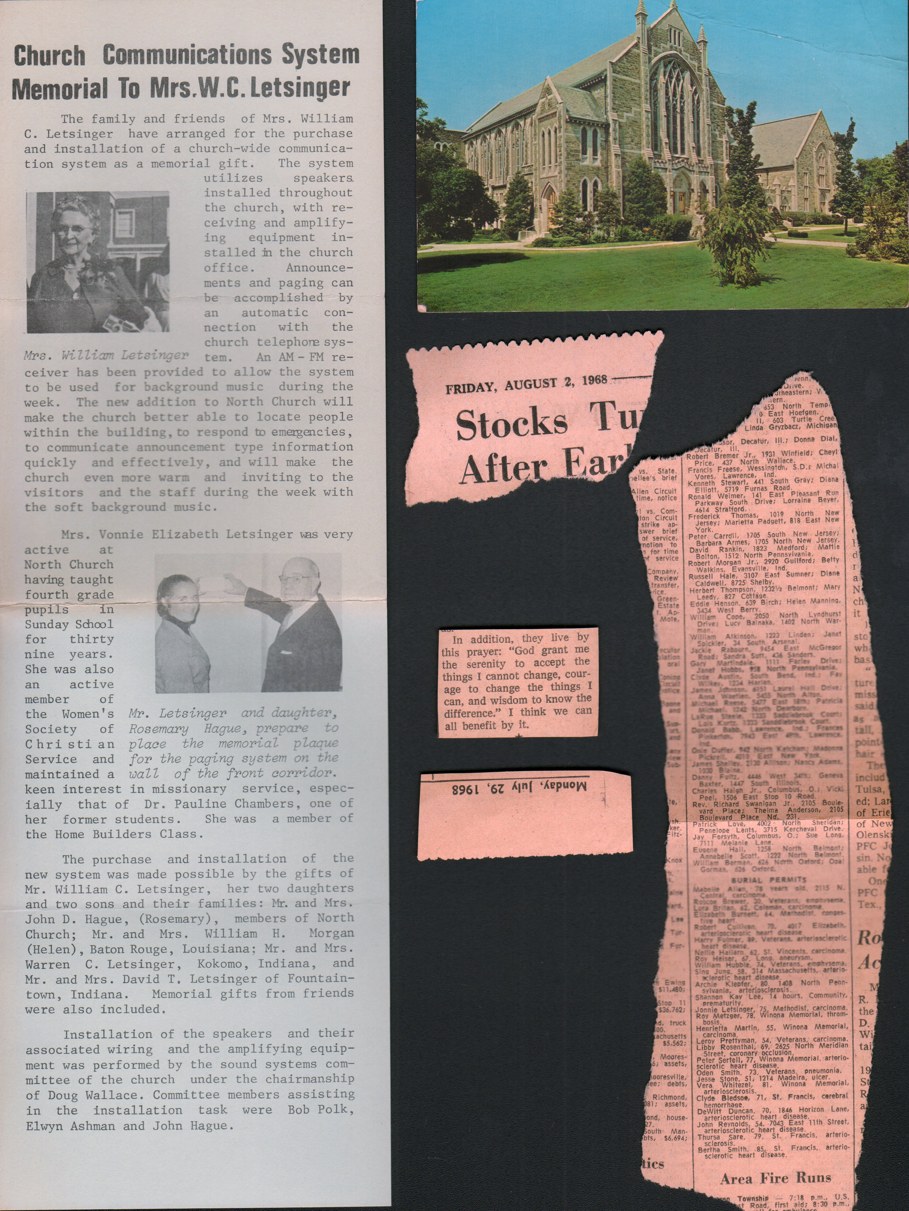 North United Methodist newsletter communications system memorial. postcard. Burial permit - says Jonnie Letsinger instead of Vonnie