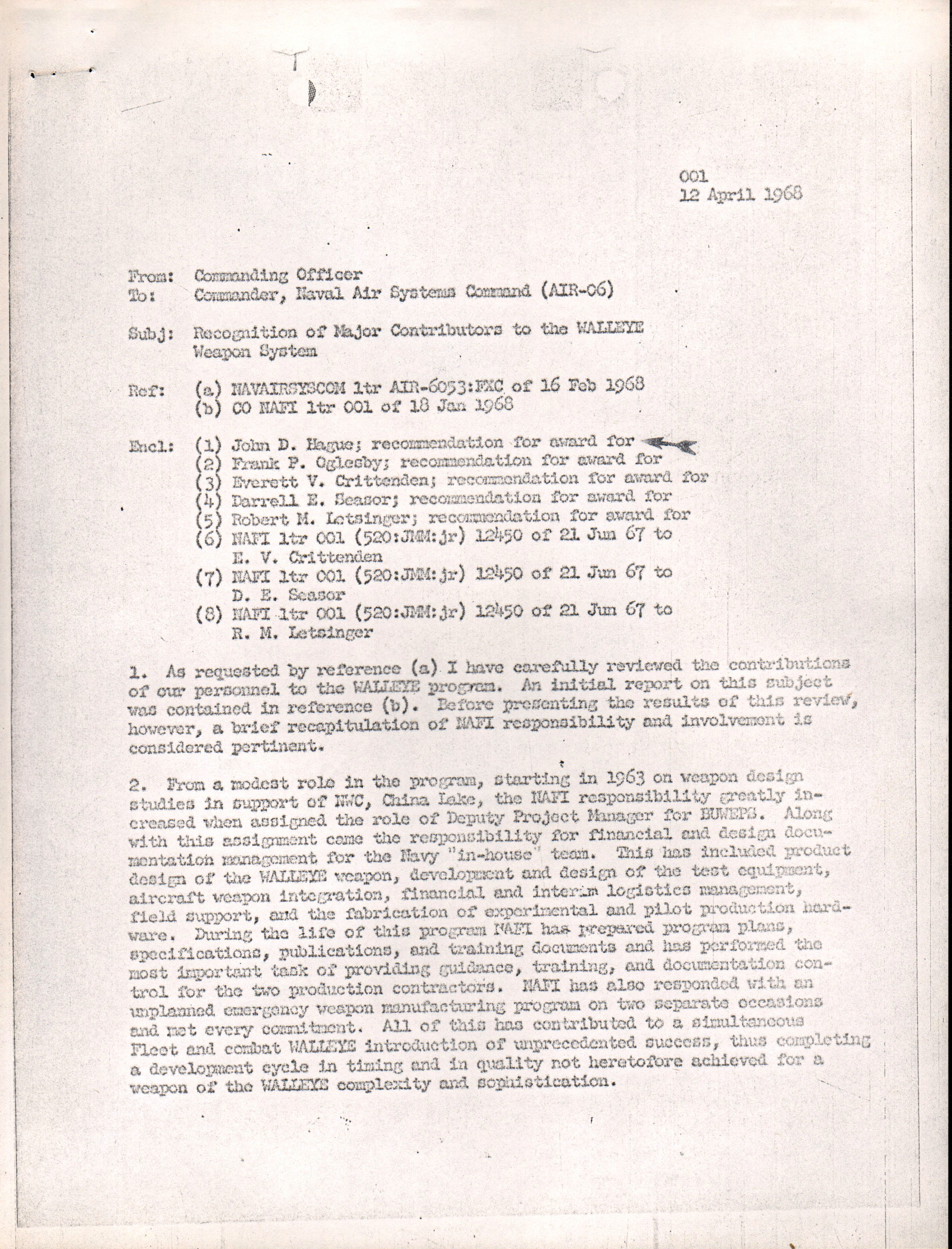Navy letter - CO to NASC Walleye award John D Hague