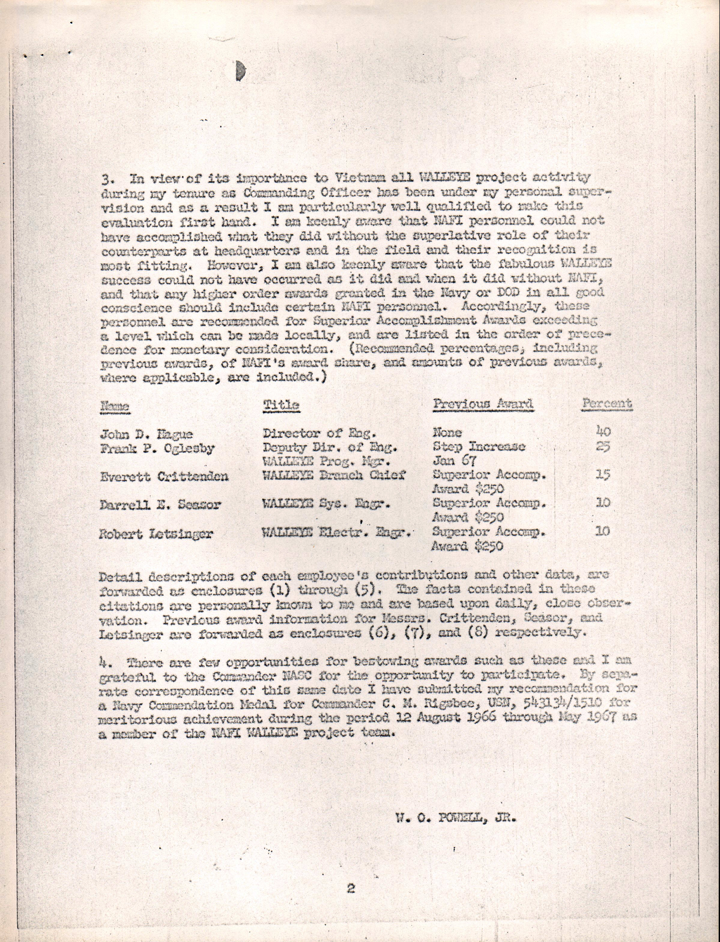 Navy letter - CO to NASC Walleye award John D Hague