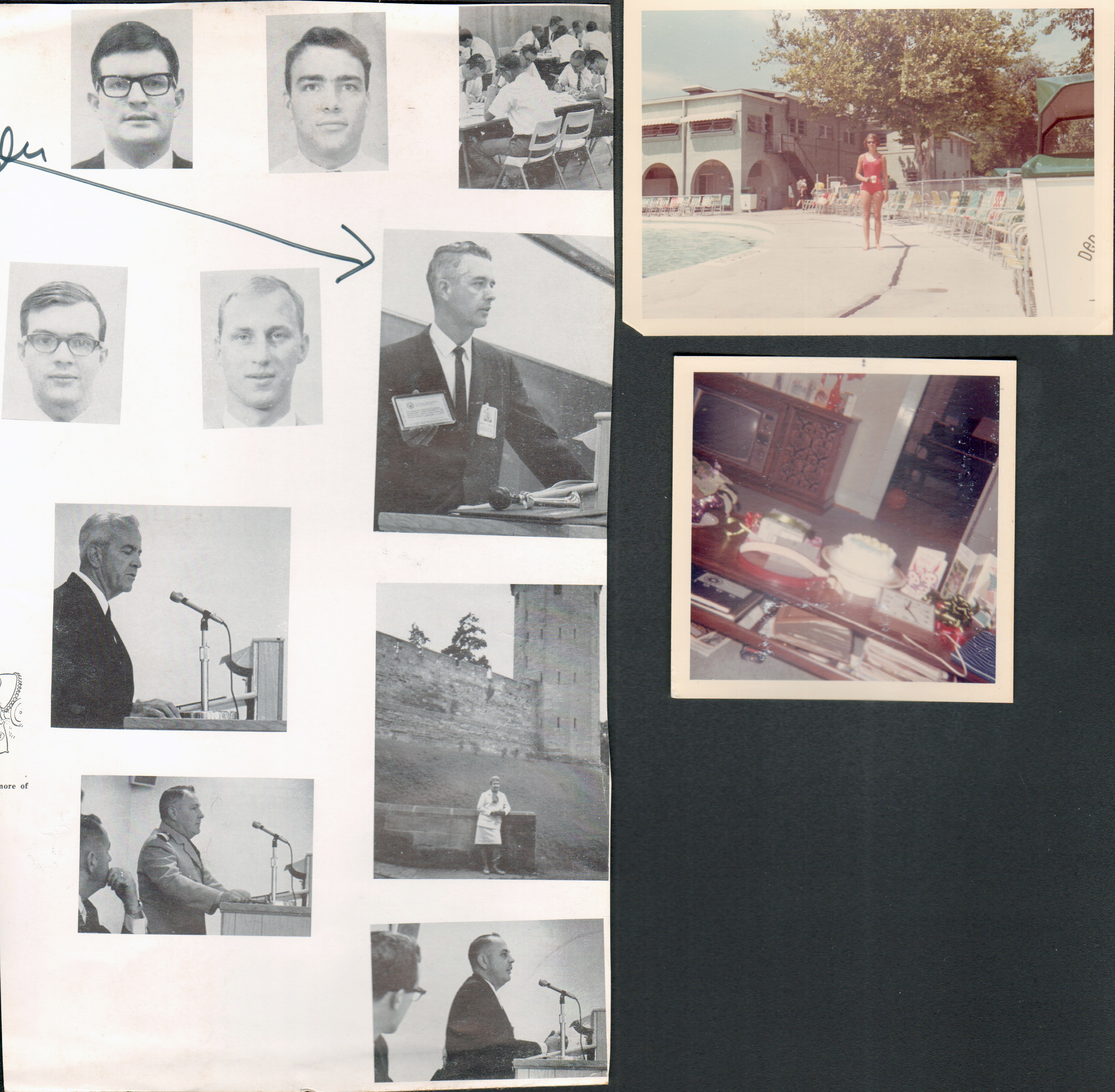 John D Hague picture on sheet of small Navy pictures. Susan at Riviera Club. 6122 living room coffee table with cake