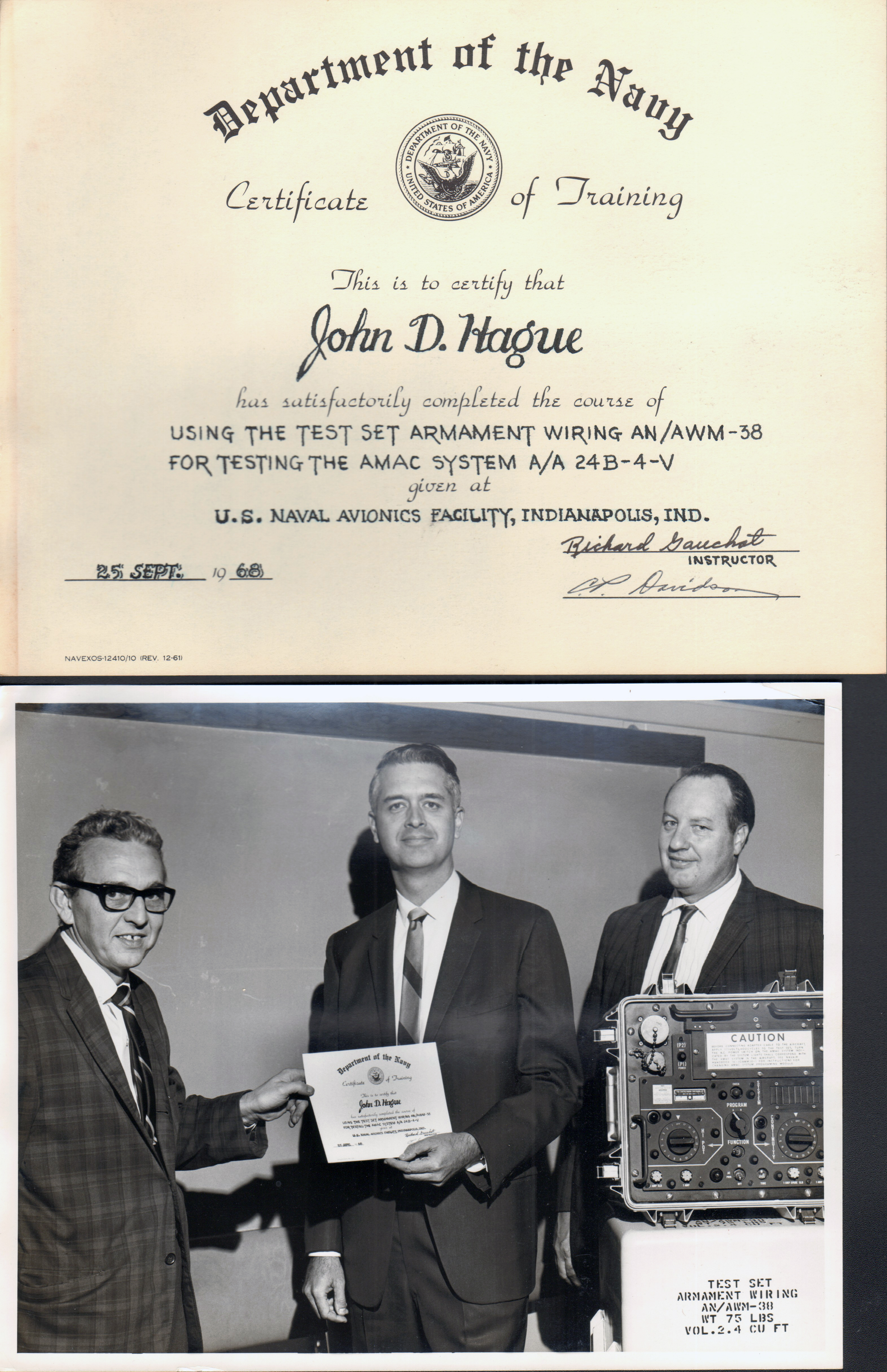 Navy certificate John D Hague and maybe Chuck Davidson - test set AN/AWN-38 Navy photo 36297