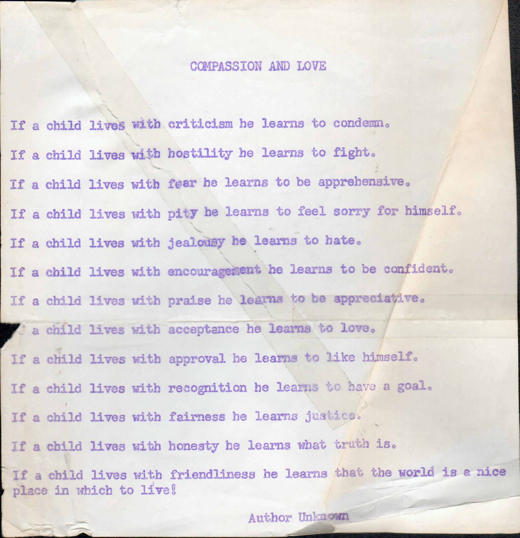 mimeograph of Compassion and Love - If a child lives with ...