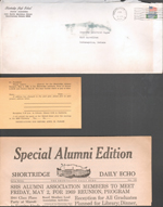Shortridge High School envelope. Alumni banquet reservation card. Special alumni Edition Daily Echo May 1969