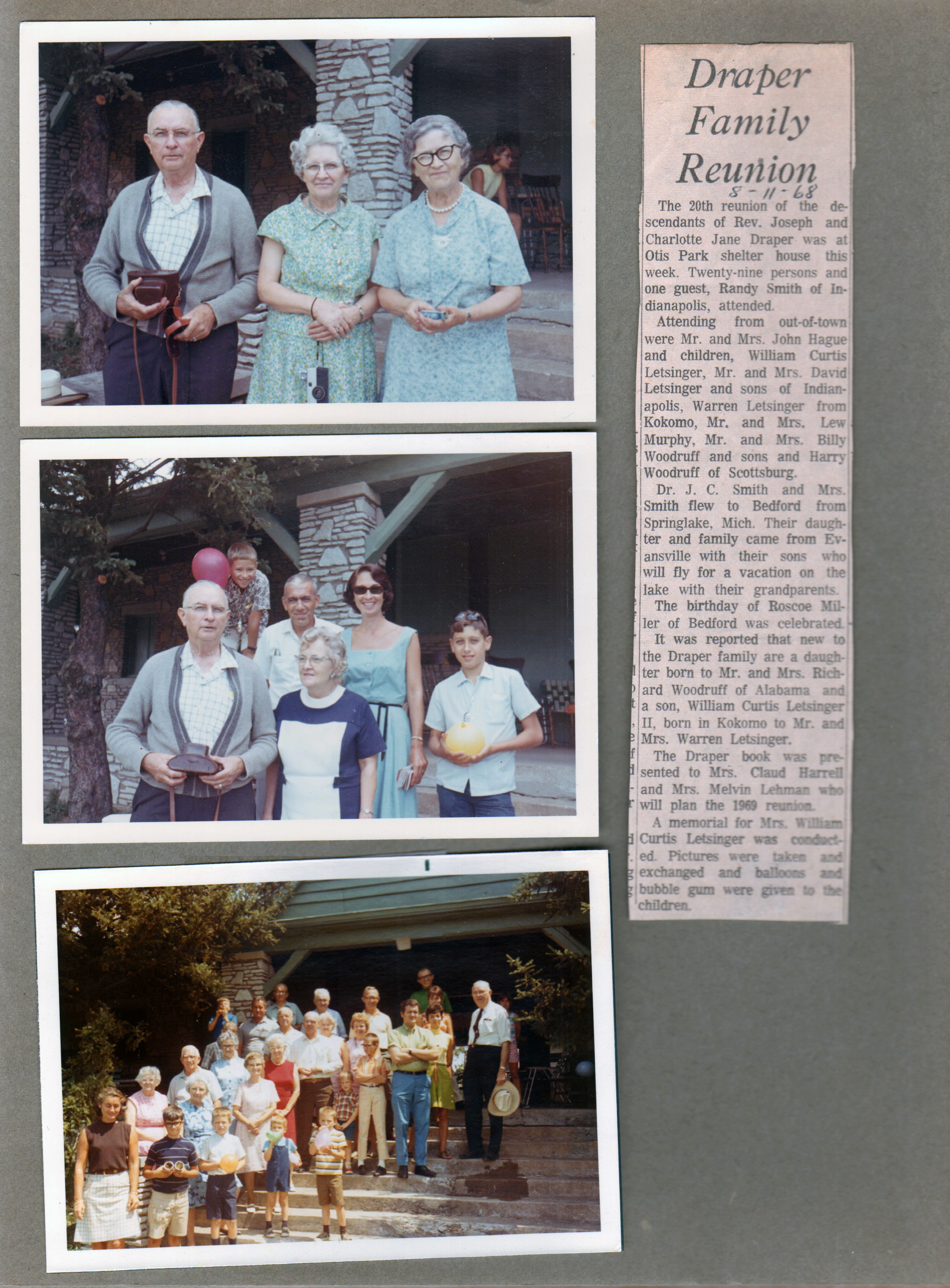 Bedford - Draper Reunion - Otis Park - newspaper clipping. Joe Smith, Lida May, Florence.  Bob Edelman and Brian.  Group - Rosemary, Alan, Lida May, Florence, Dave, Warren, Curt, 