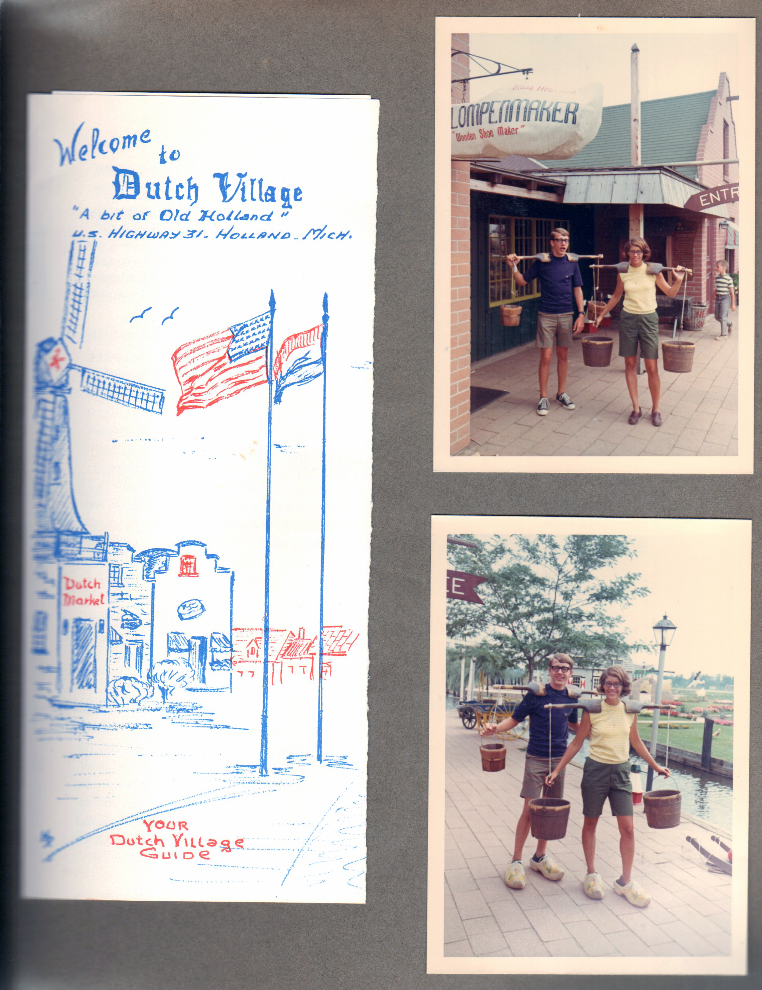 Welcome to Dutch Village, Holland MI brochure. Randy and Susan in wooden shows and bucket yokes