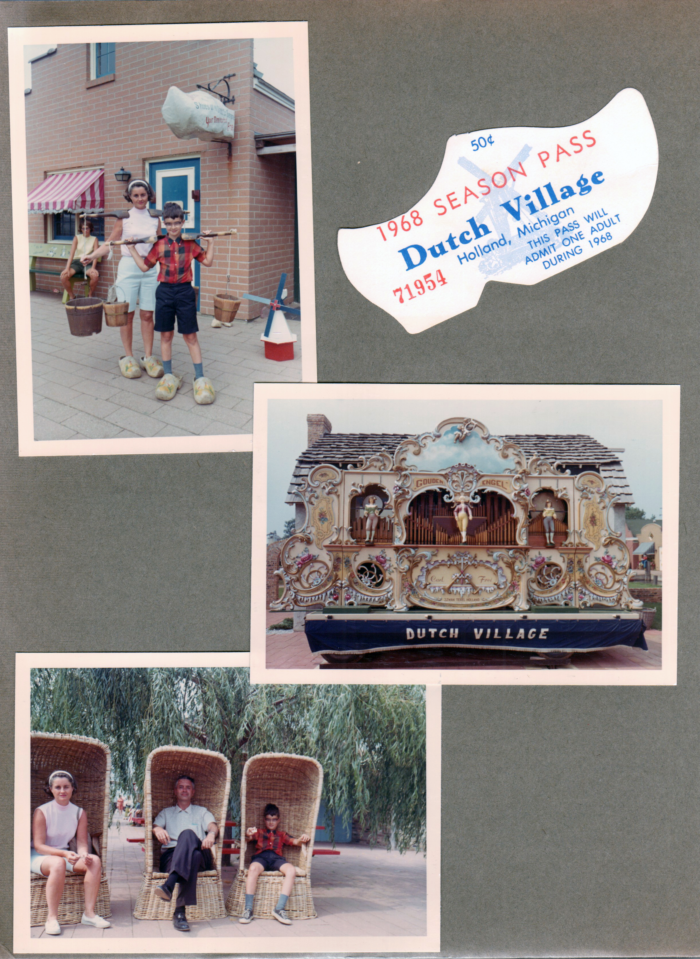 Dutch Village, Holland MI - Rosemary and Alan in wooden shows and bucket yokes. Season Pass. Calliope. Rosemary, John, Alan in wicker chairs