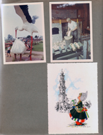Dutch Village, Holland MI -  Alan in diaper held by stork. Making wooden shoes. Dutch girl postcard