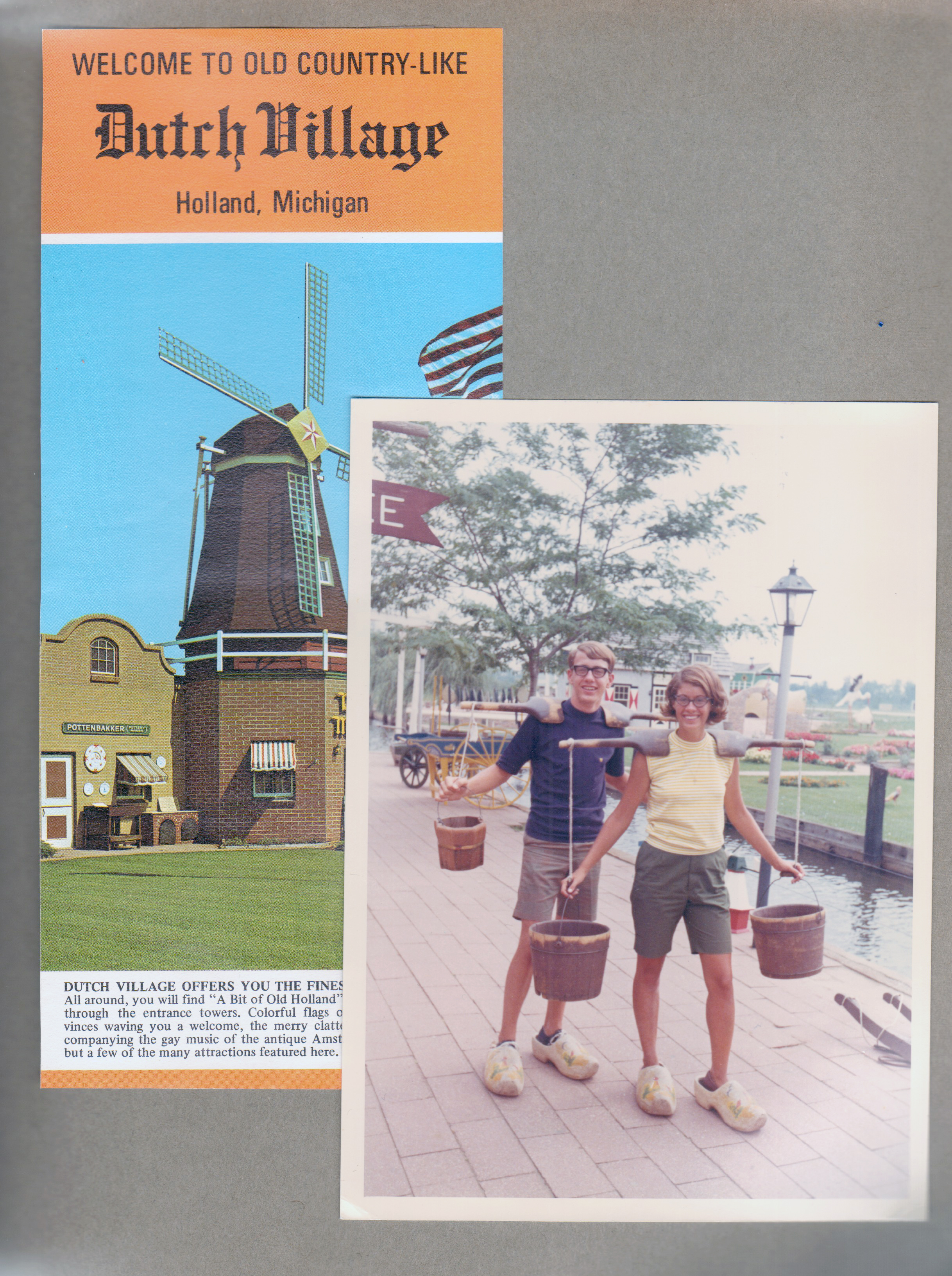 Welcome to Dutch Village, Holland MI brochure. Randy and Susan in wooden shows and bucket yokes