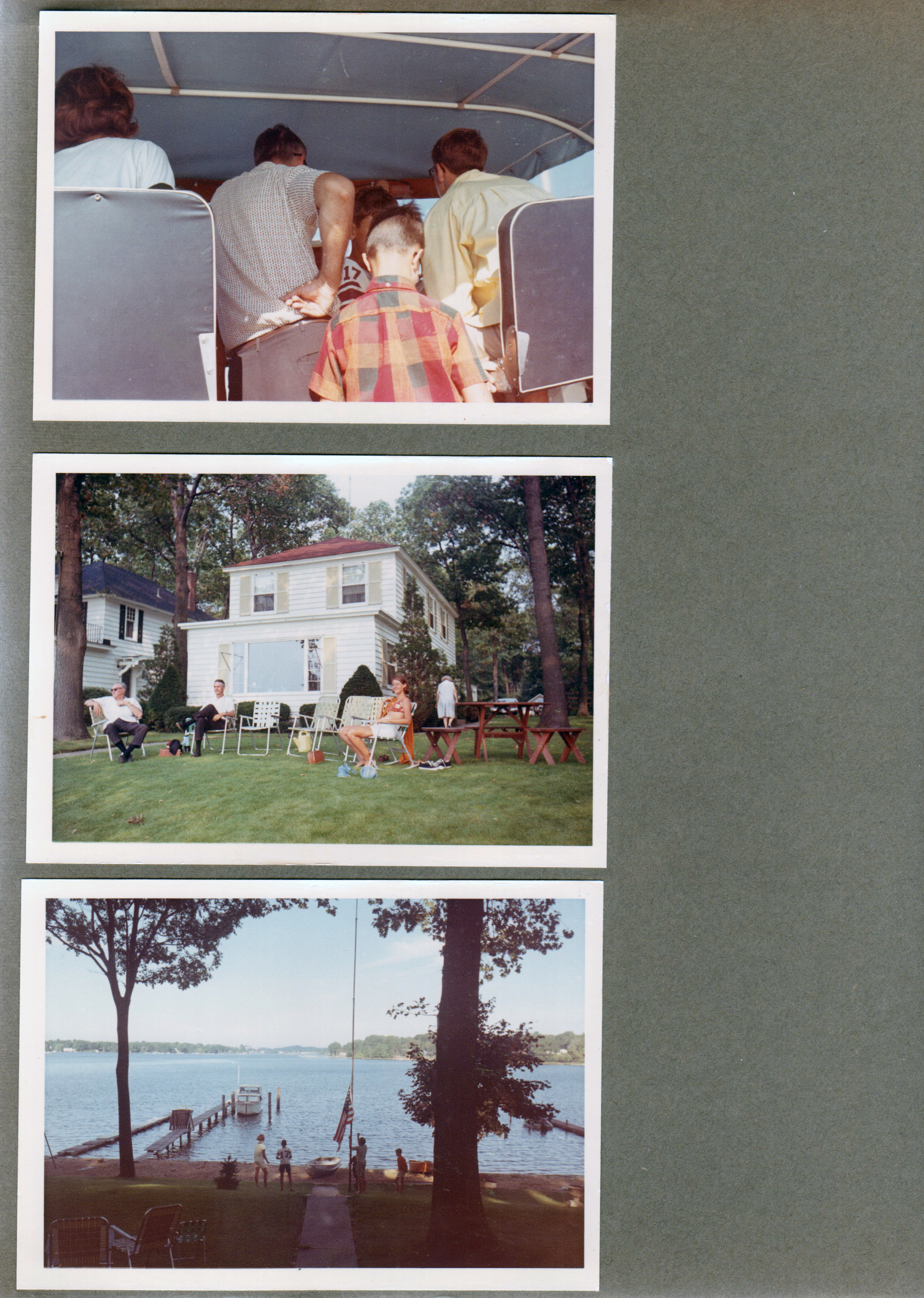 Springlake, MI - Boat ride. Joe, John, Susan in chairs in front of house.  Boat at pier.