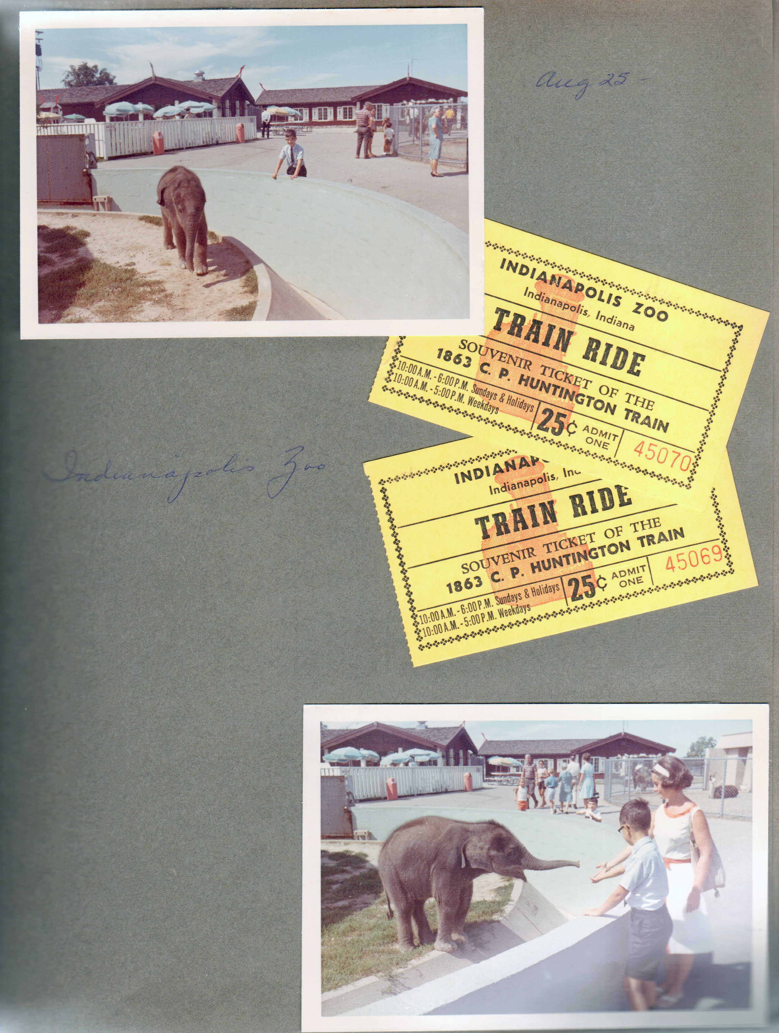 Indianapolis Zoo train ride tickets. Alan and elephant. Baby elephant and Rosemary and Alan