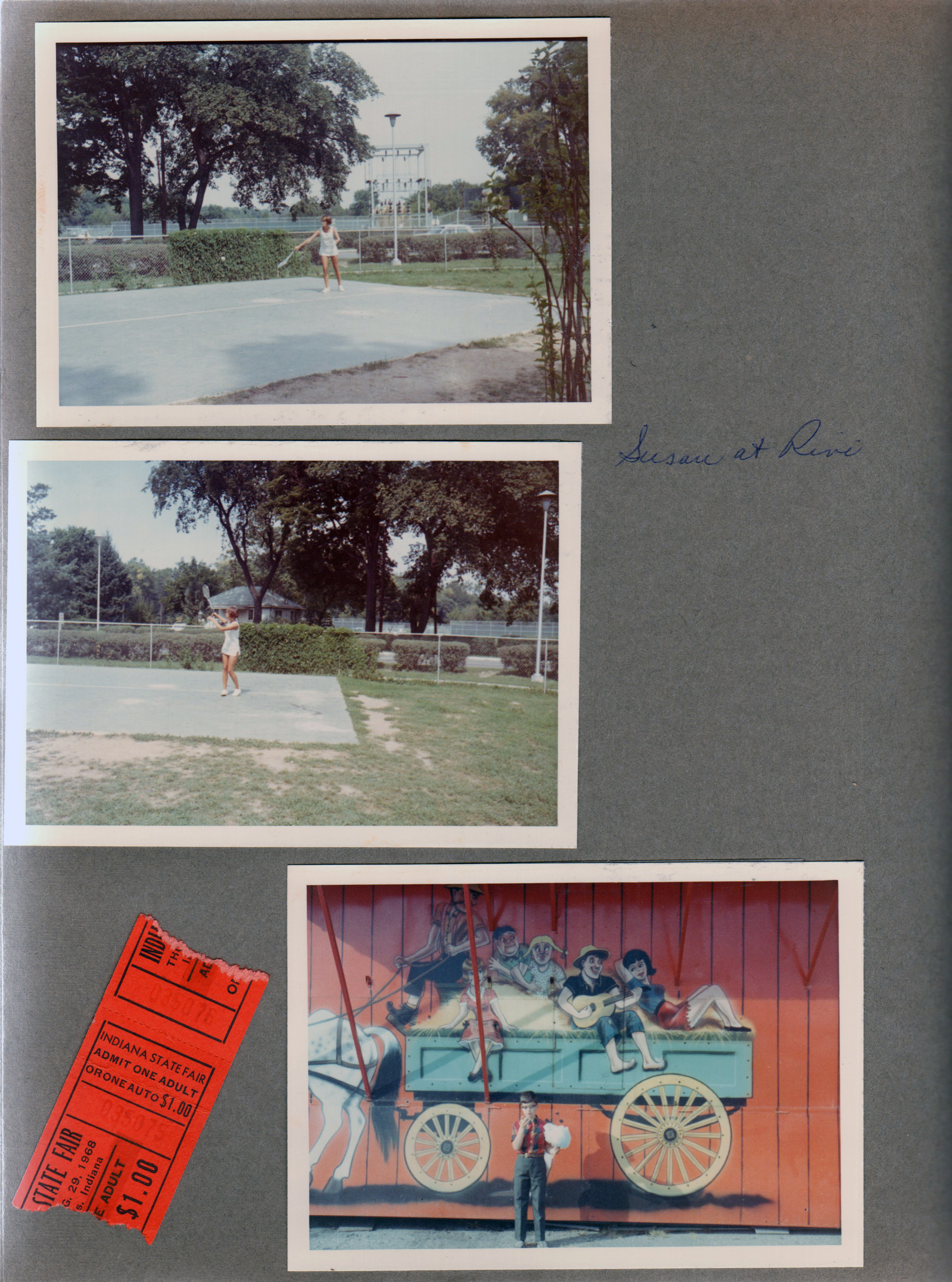 Susan playing tennis at Riviera Club. Indiana State Fair ticket. Alan by mural