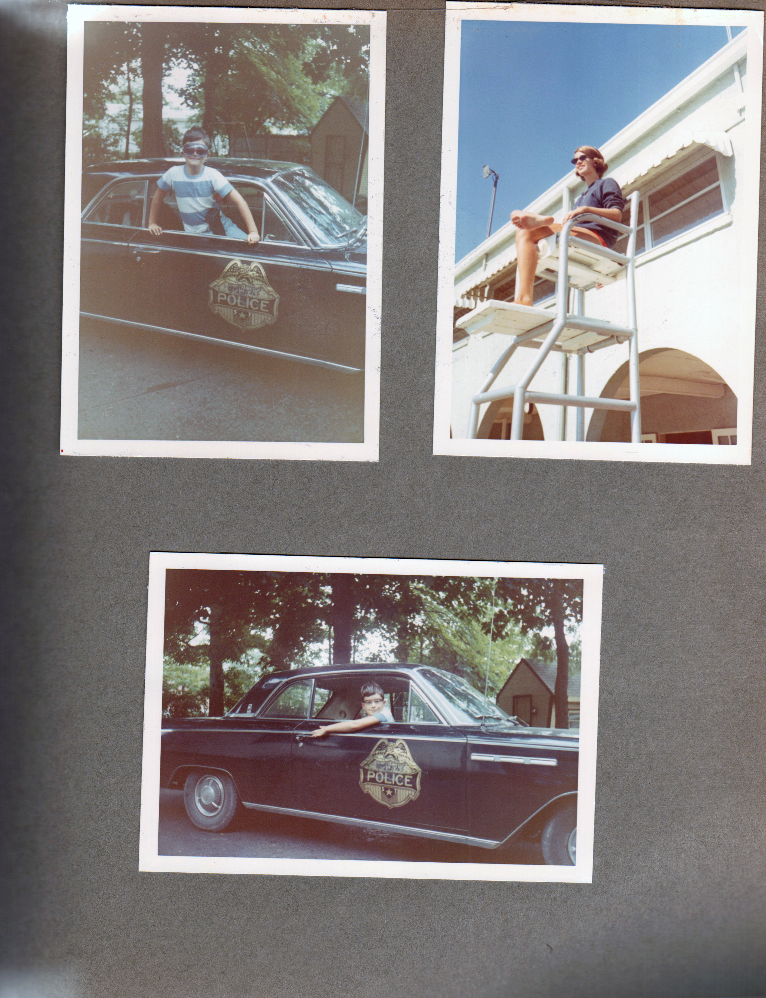 6122 driveway - (I think) Glen brought over a police car - Alan. Riviera Club - Susan life guard.