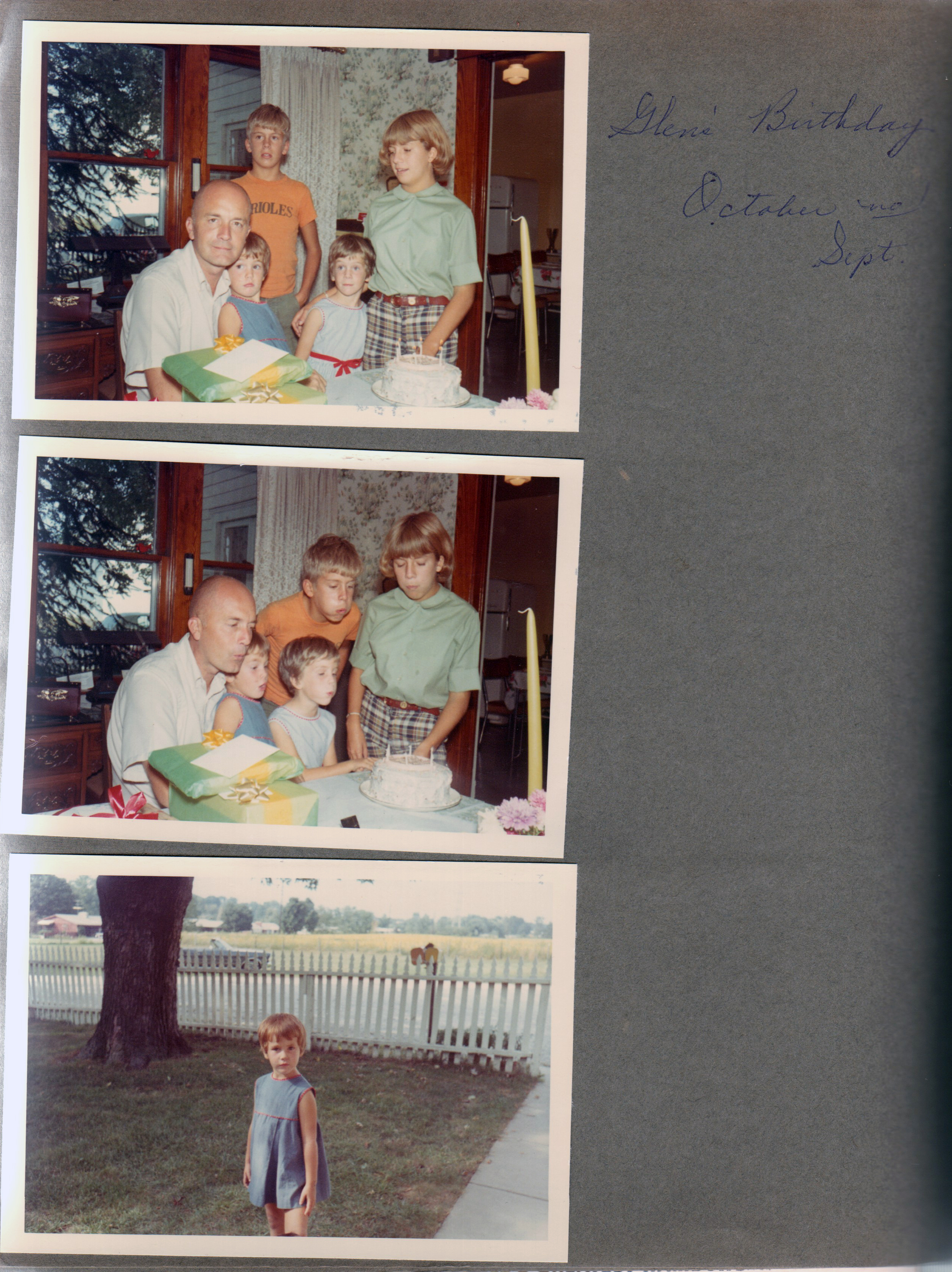 8815 Haverstick dining room - Glen's birthday - Glen, Nancy Eddie, Mary, Karen. Nancy in yard by picket fence.