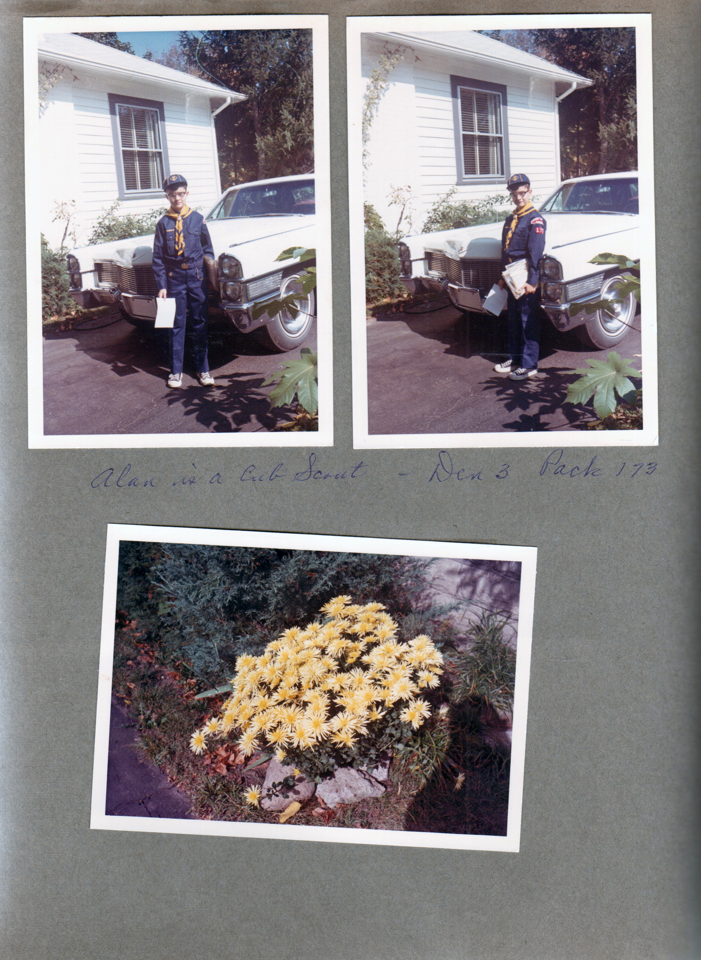 6122 driveway - Alan in Cub Scout uniform Den 3 Pack 173, white Cadillac. flowers