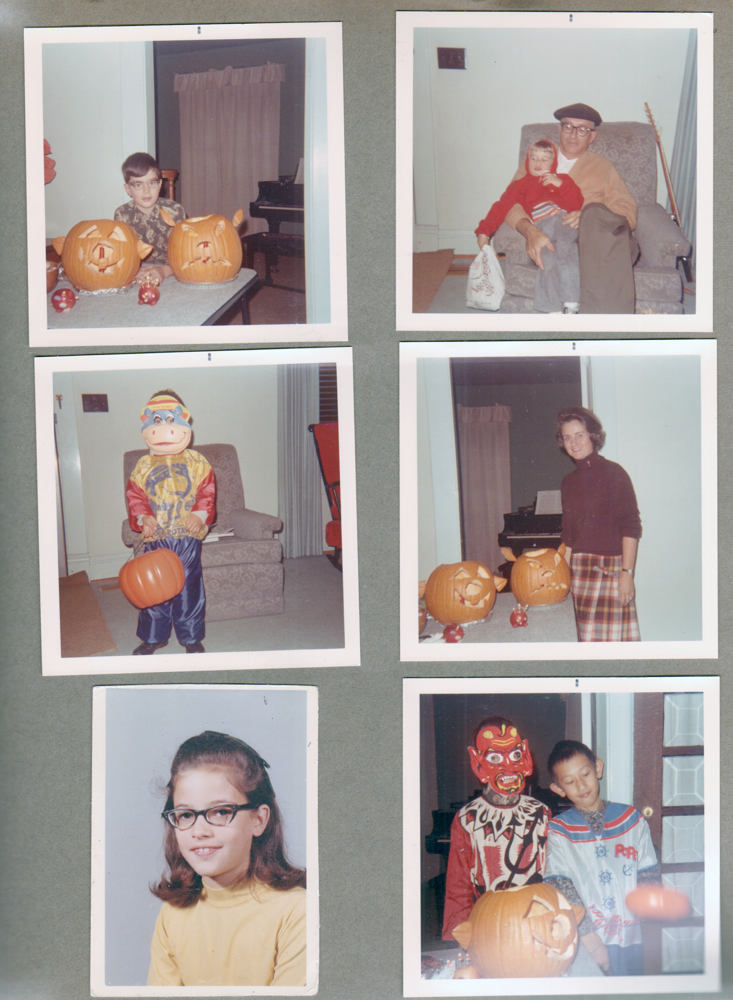 6122 living room - Alan with pumpkins for Halloween. Joe and Warren. Peter Potamus costume. Rosemary - piano. portrait - Cindy Morgan. Alan Devil and Steve Chaillard Popeye.