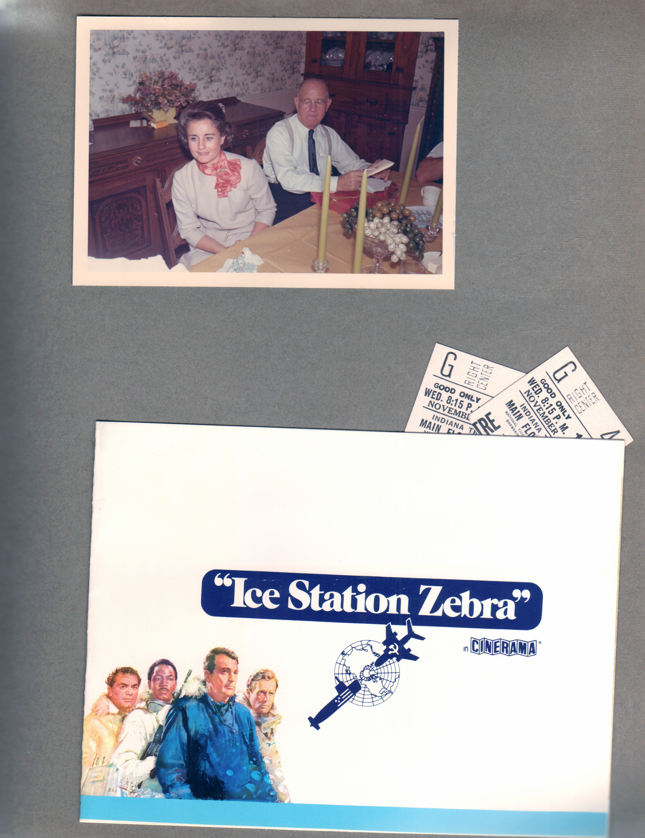 8815 Haverstick dining room - Curt's birthday - Rosemary, Curt. Indiana Theater tickets - Ice Station Zebra invitation. Cinerama.