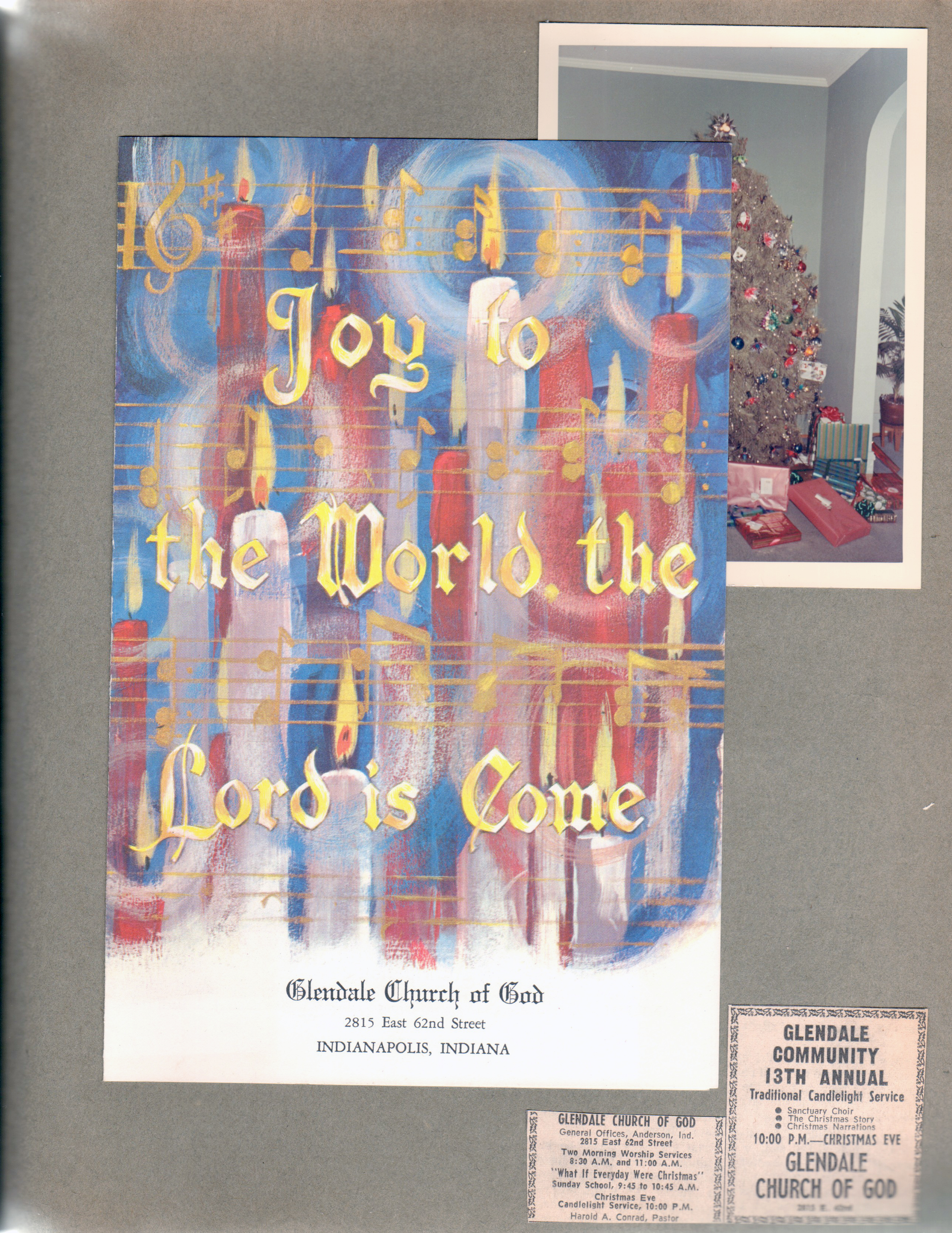 Glendale Church of God program and newspaper clipping. 6122 porch door - Dining room Christmas tree