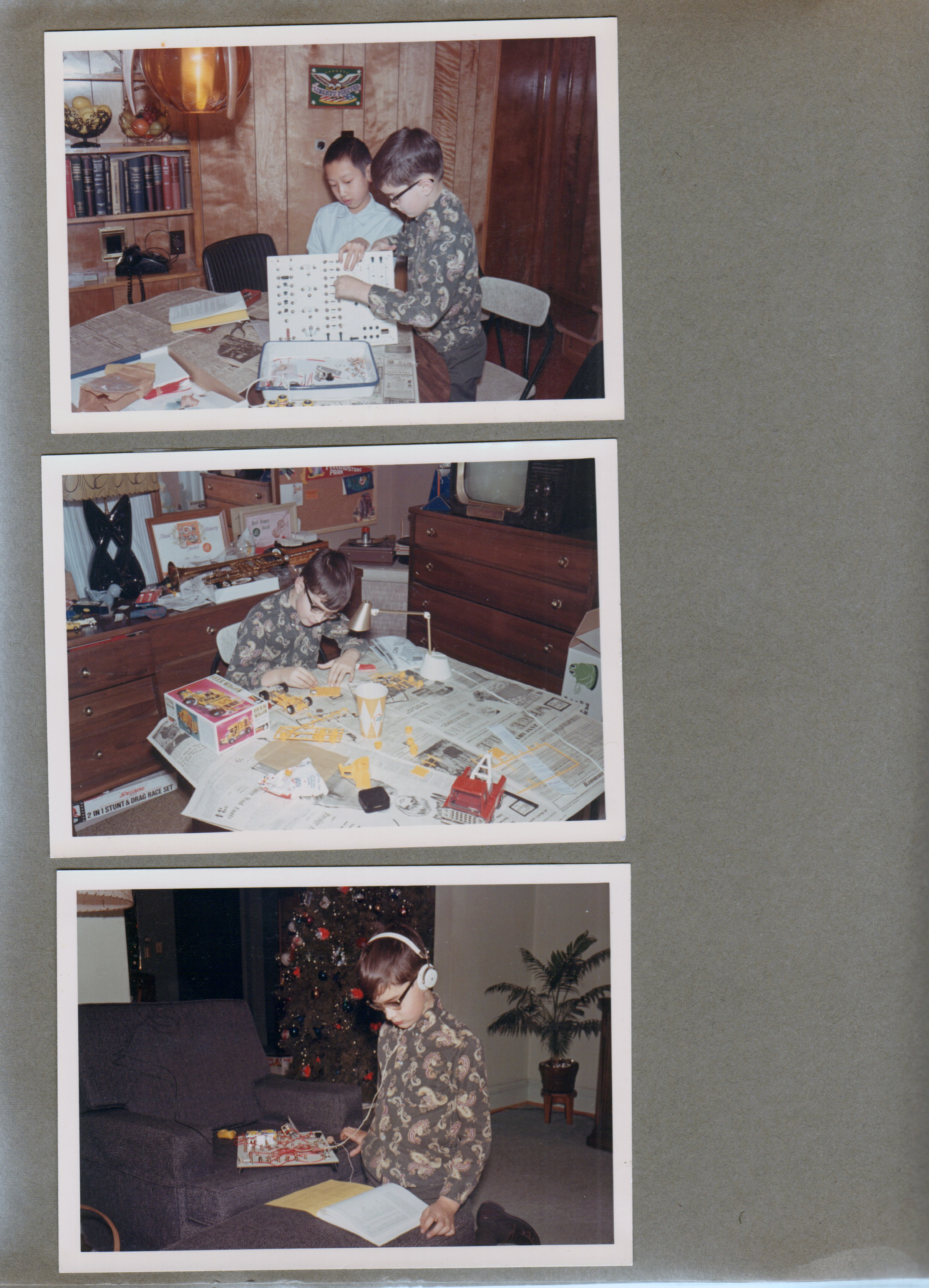 6122 basement - Steve Chaillard and Alan building Heathkit electronics trainer. Alan;s room - building Beer Wagon Revell model - Burger Chef cup. Living room - Alan with Heathkit electronics trainer, Christmas tree