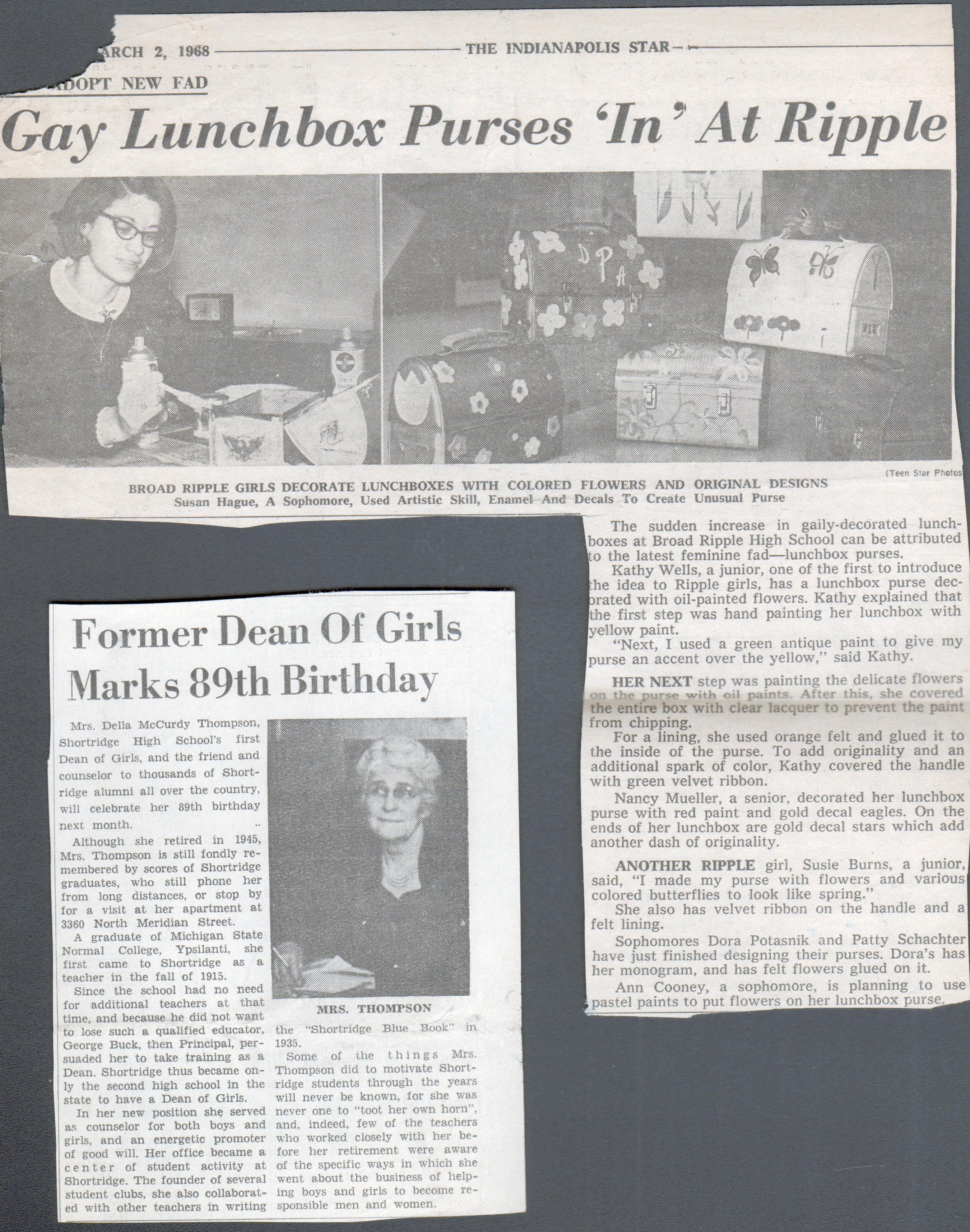 newspaper clipping - Susan making gay lunchbox purses. Mrs. Thompson - Shortridge Dean of Girls 89.