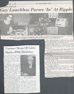 newspaper clipping - Susan making gay lunchbox purses. Mrs. Thompson - Shortridge Dean of Girls 89.