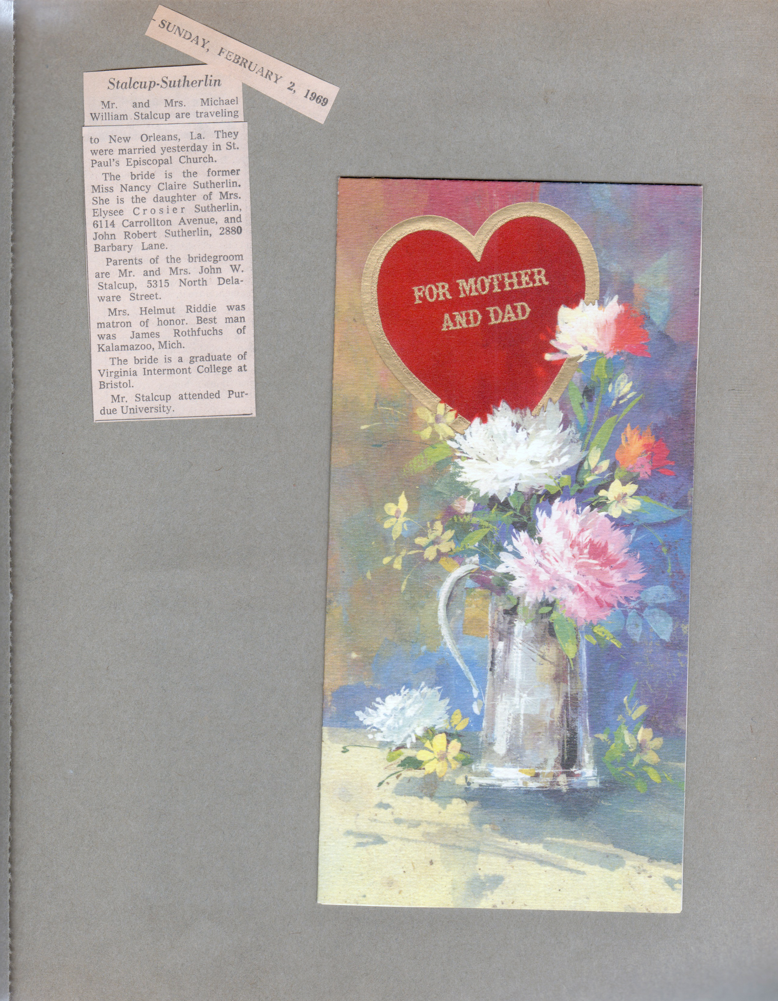 newspaper clipping - Nancy Sutherlin wed. Anniversary card