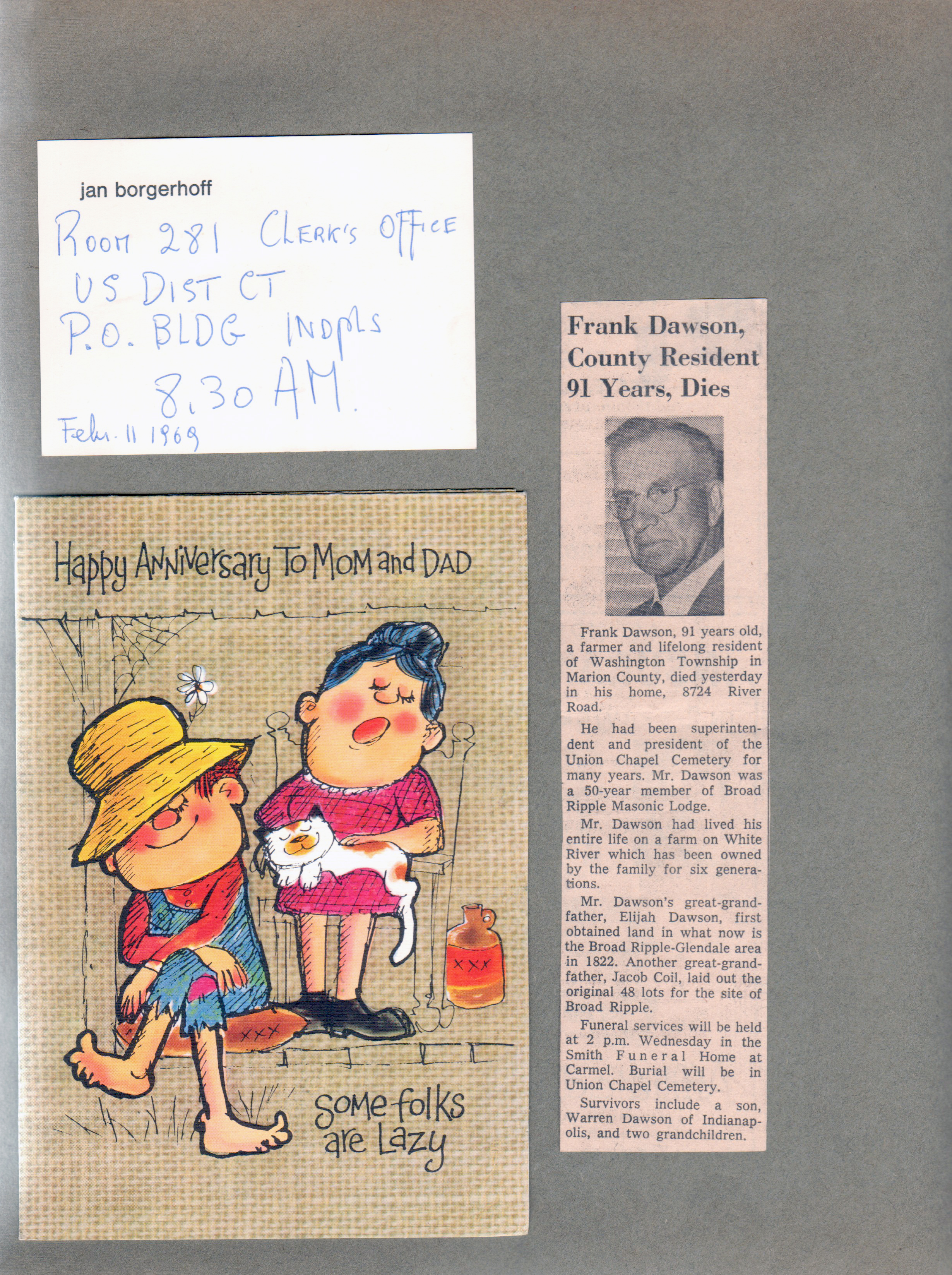 Jan Borgerhoff US Dist Court date card - probably for citizenship. Anniversary card. newspaper clipping - Frank Dawson 91 years dies