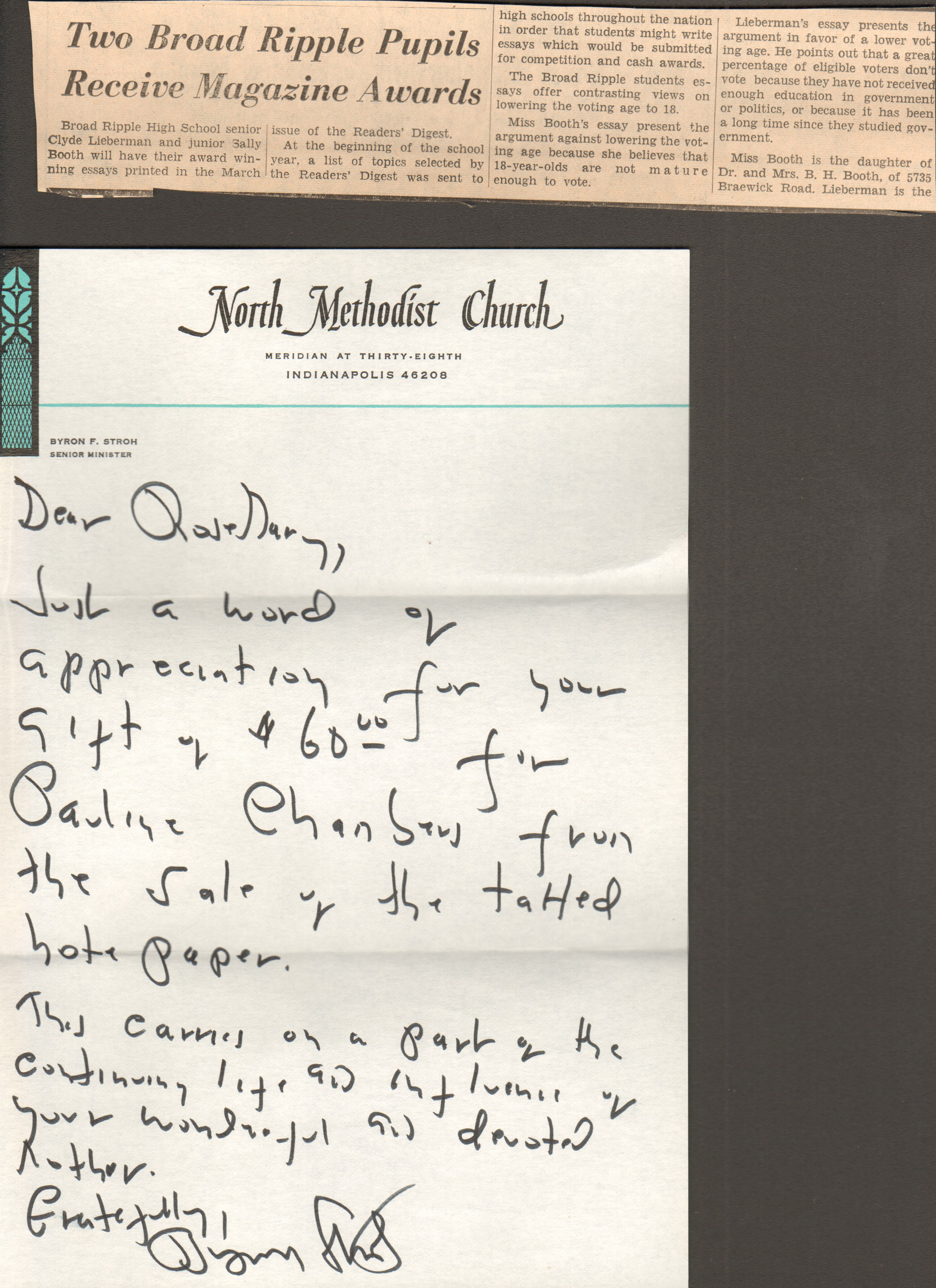 newspaper clipping -  BRHS magazine awards. North United Methodist Church letter from Stroh to Rosemary.