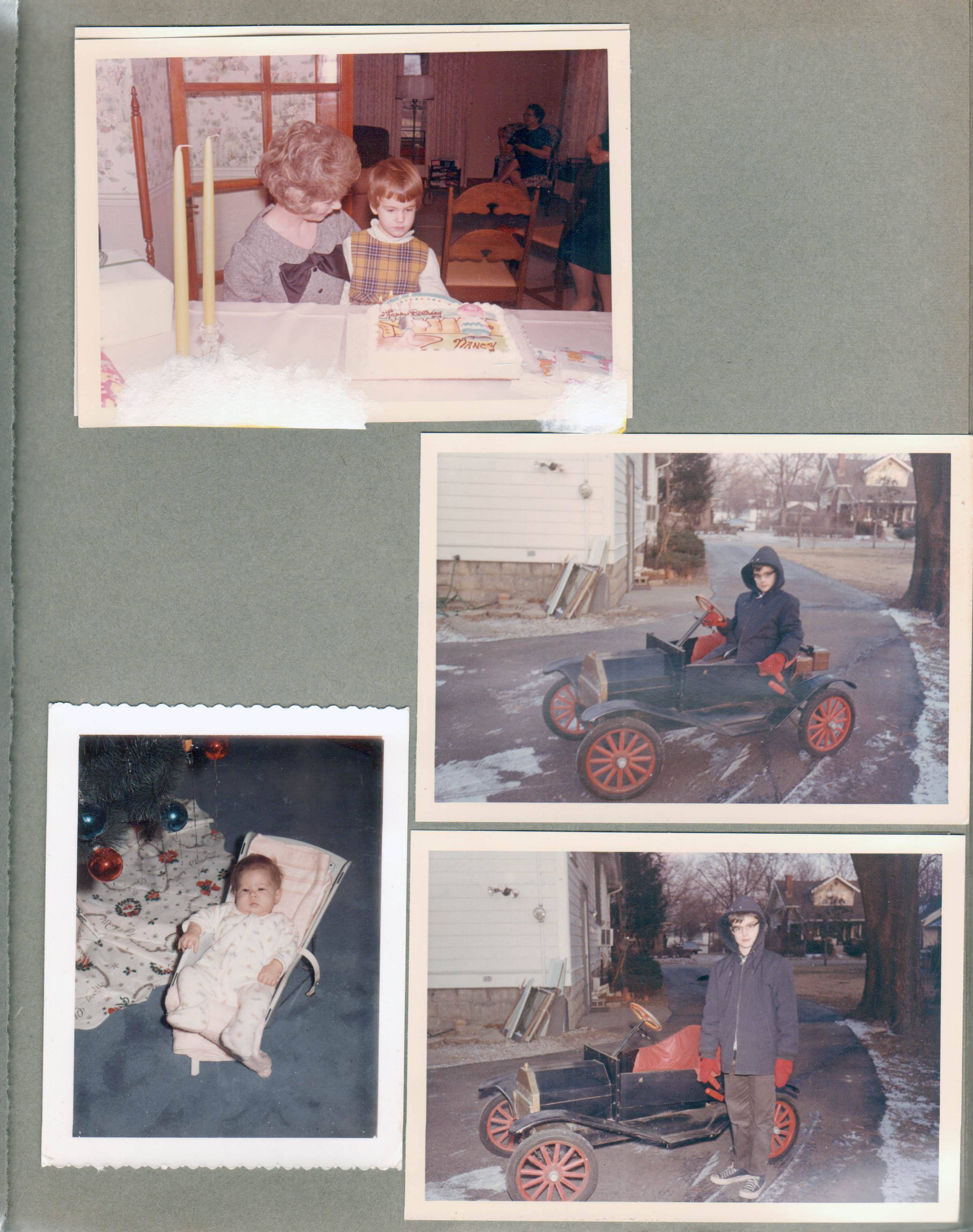 8815 Haverstick dining room - Marlene and Nancy - Nancy's birthday cake. 6122 driveway Alan with little car. Baby under Christmas tree - Carol Bowman.