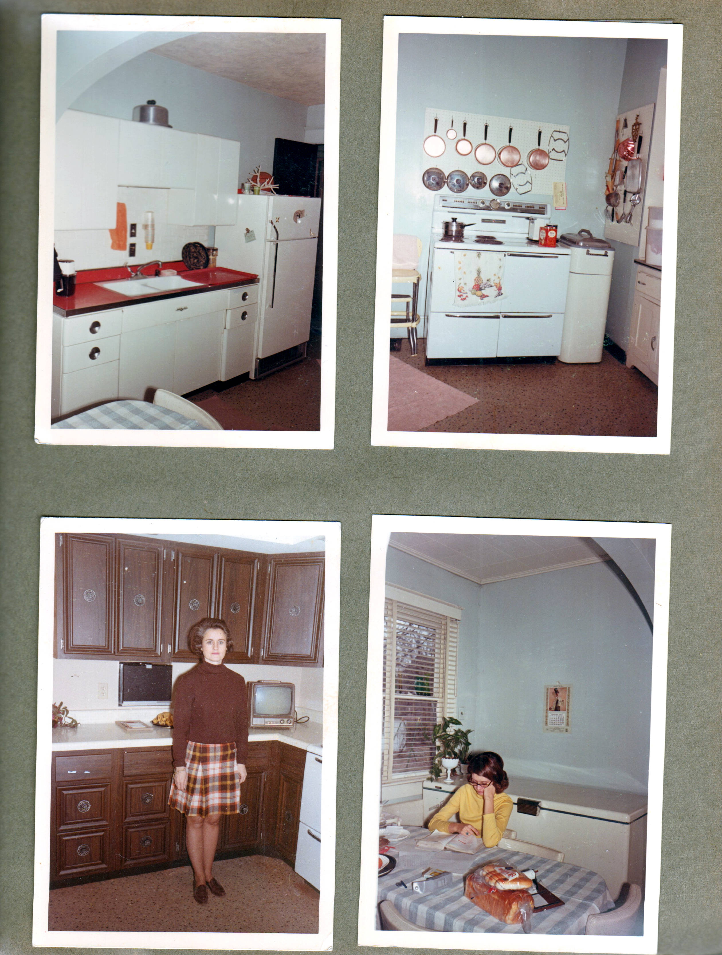 6122 kitchen remodel - sink and cabinets before. Stove and pots and pans. Rosemary in new kitchen. Susan in old kitchen with chest freezer.