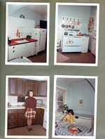 6122 kitchen remodel - sink and cabinets before. Stove and pots and pans. Rosemary in new kitchen. Susan in old kitchen with chest freezer.