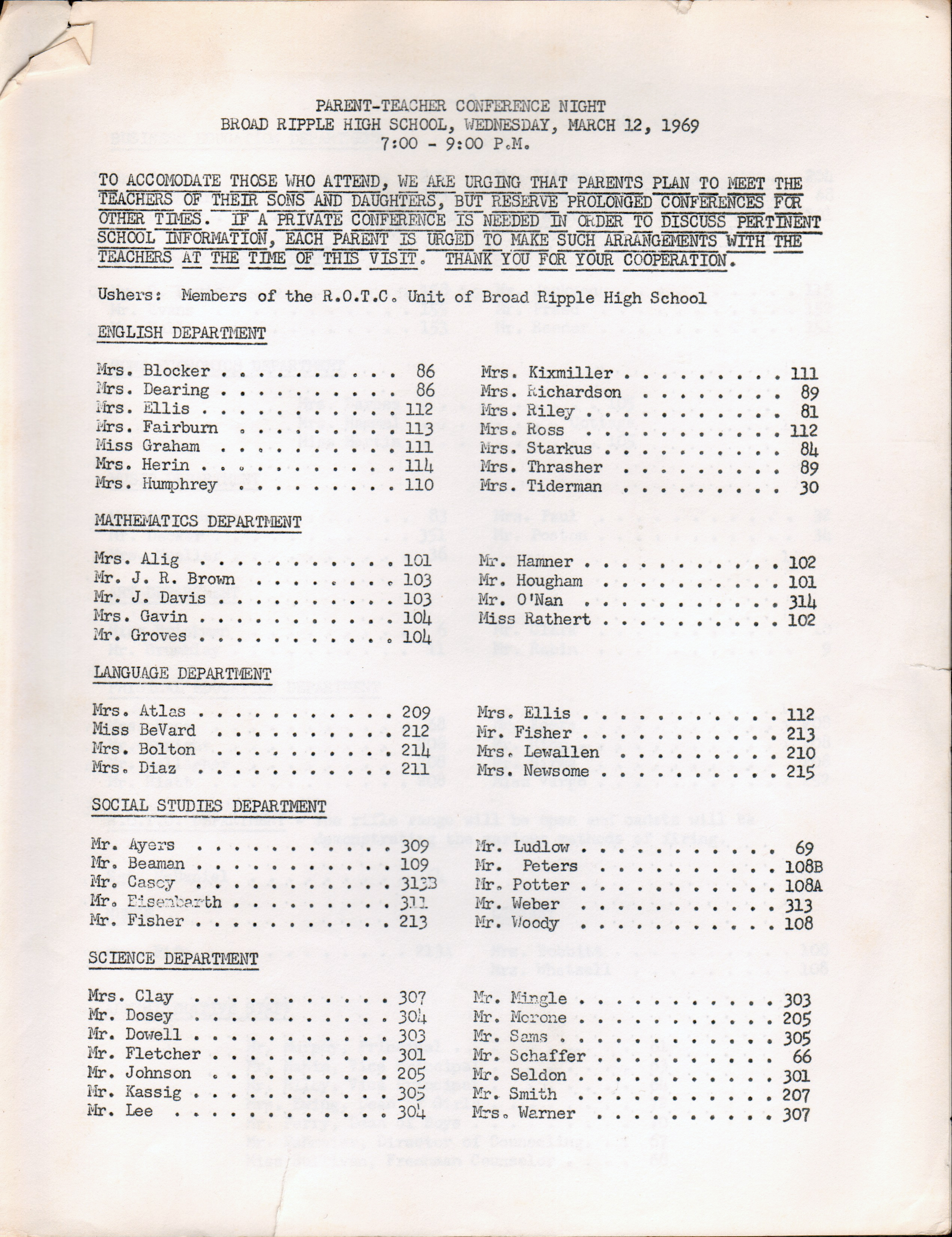 BRHS PTA conference 1969 teacher directory