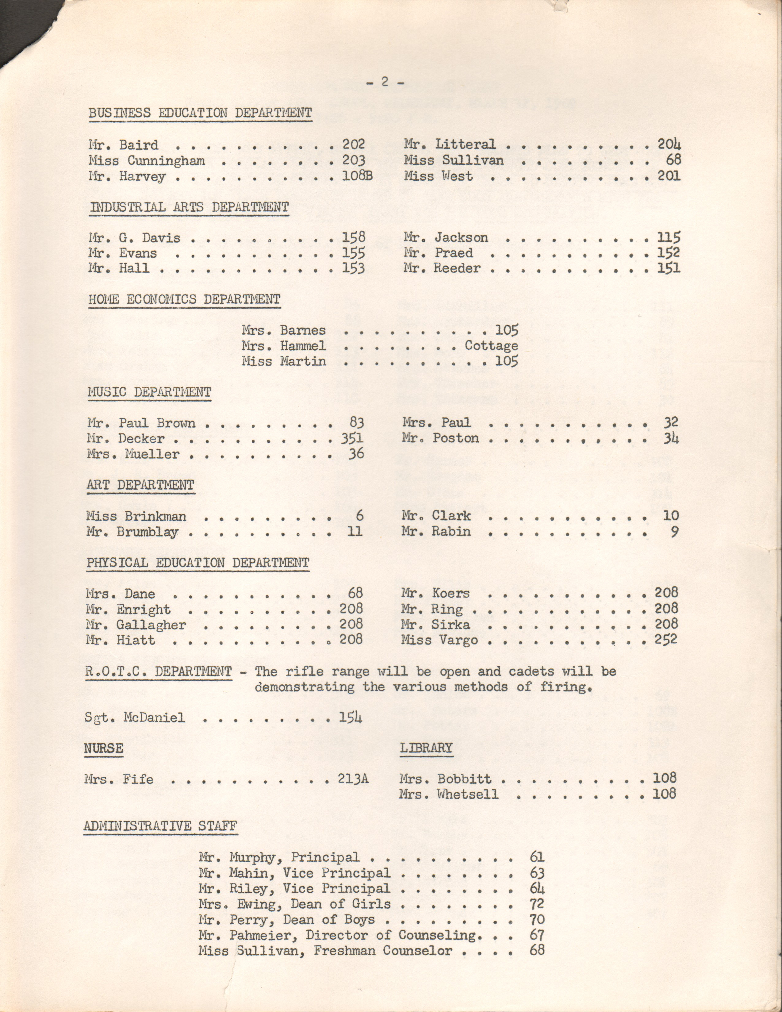 BRHS PTA conference 1969 teacher directory
