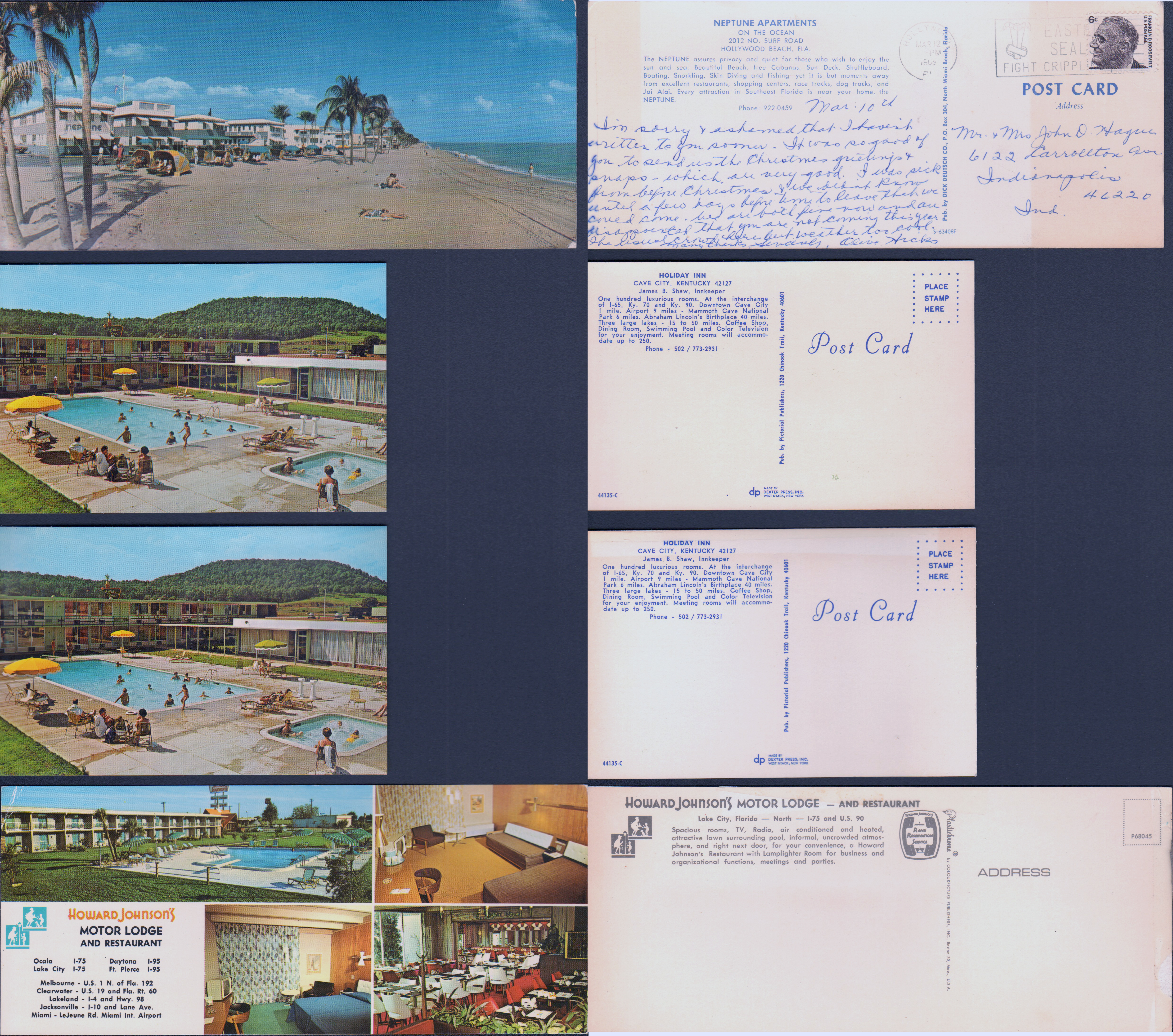postcard Neptune Apts Hollywood Beach FL S-63408F from Olive Hicks. postcard Holiday Inn - Cave City KY 44135-C.  postcard Howard Johnson - Lake City FL P68045.