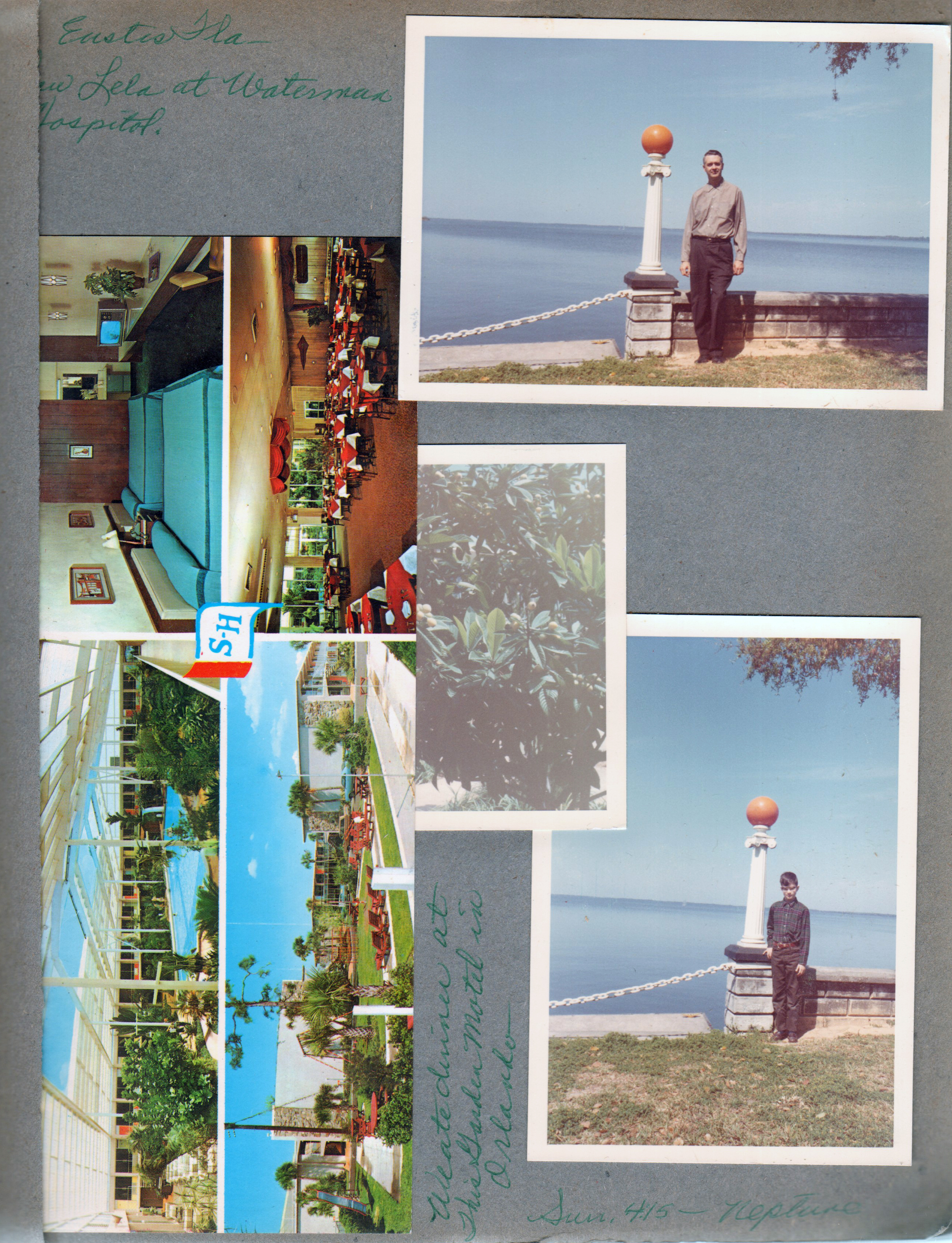Eustis FL - Saw Lela (Letsinger / Blair) at Waterman Hospital. John by light post and ocean. Alan. postcard Statler Hilton Inn - Orlando FL 33306-C