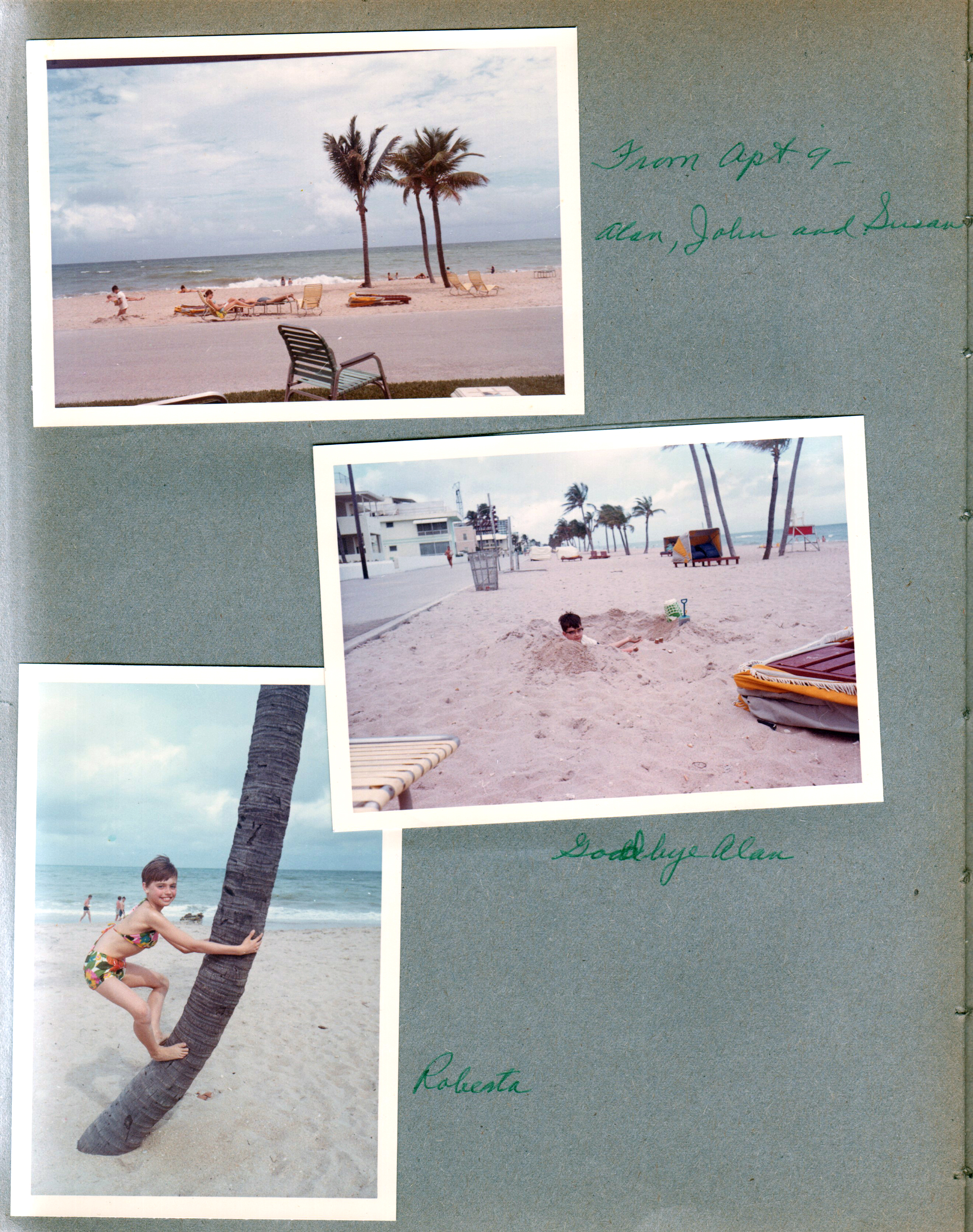 Hollywood Beach - from apt 9 at Neptune. Alan burying himself in sand. Roberta climbing palm tree.