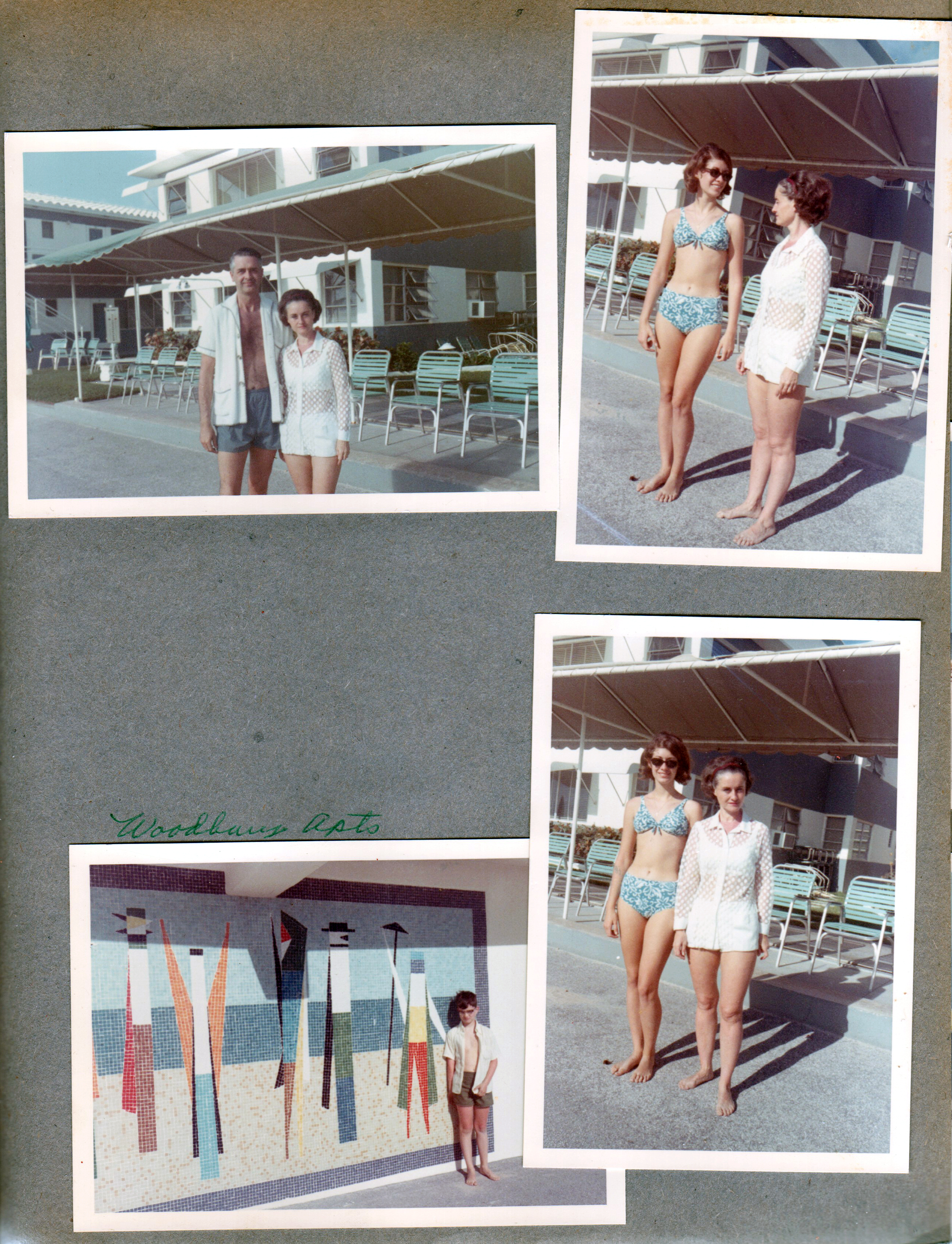 Hollywood Beach - Neptune John and Rosemary by chairs under awning on broadwalk. Susan. Alan at Woodbury Apts mosaic mural.
