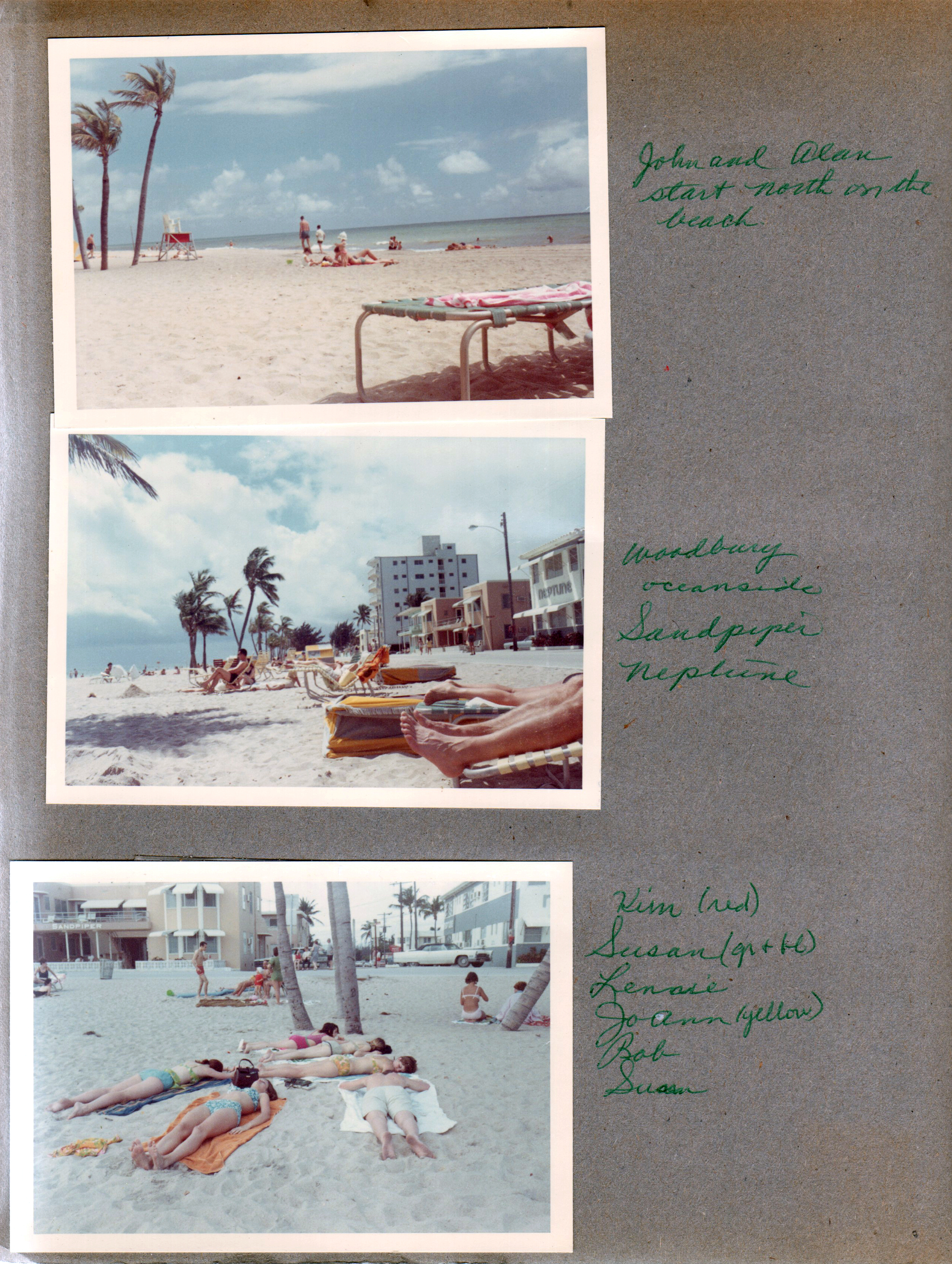 Hollywood Beach - Neptune - John and Alan start north on the beach. Woodbury oceanside Sandpiper. Kim, Susan, Lennie, Jo Ann, Bob, Susan on beach.