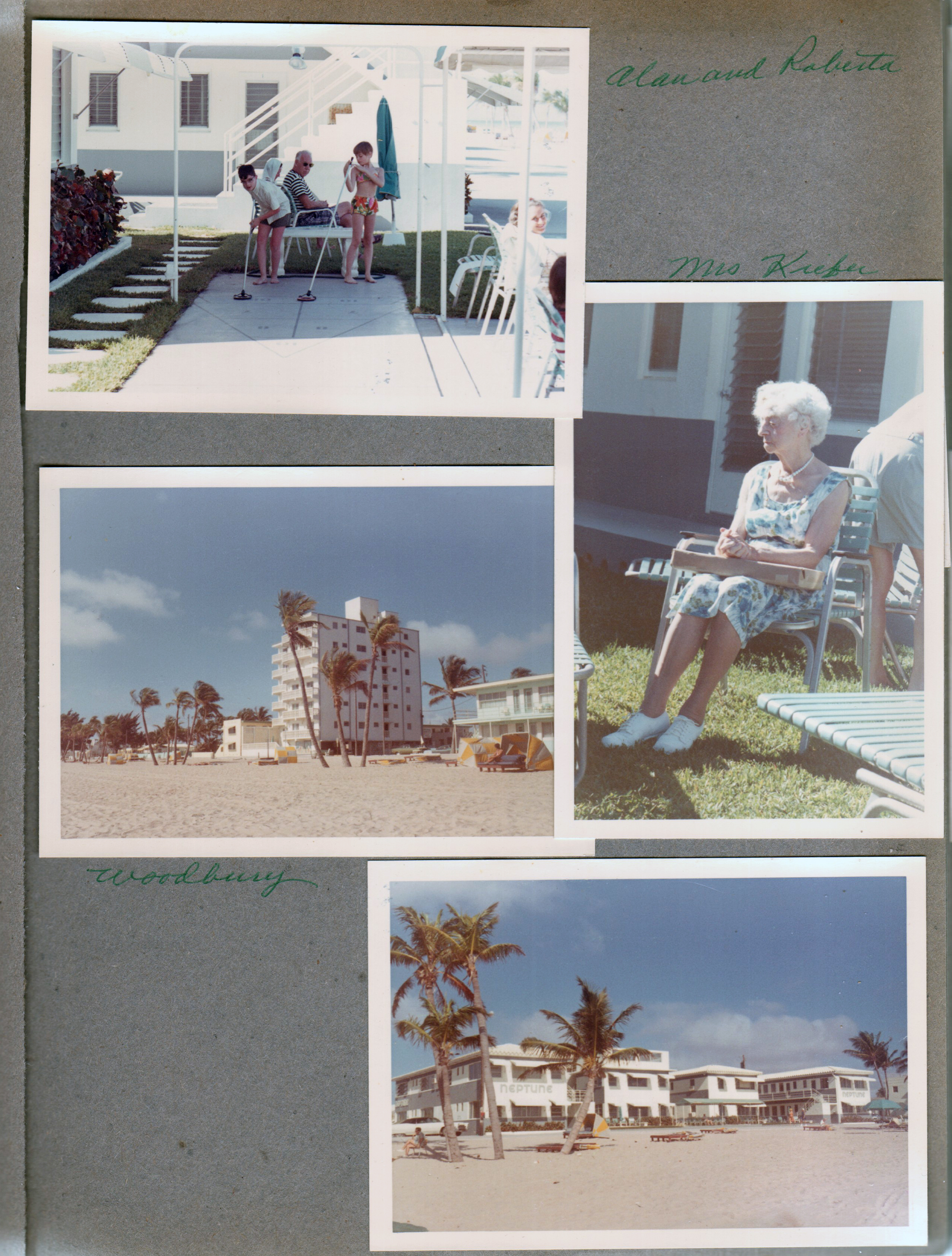 Hollywood Beach - Neptune shuffleboard - Alan and Roberta. Mrs Kiefer. Woodbury. Neptune from beach.