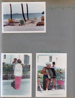 Hollywood Beach - tug pulling a barge. Charles Benfield playing accordion chairs under awning on broadwalk, Alan