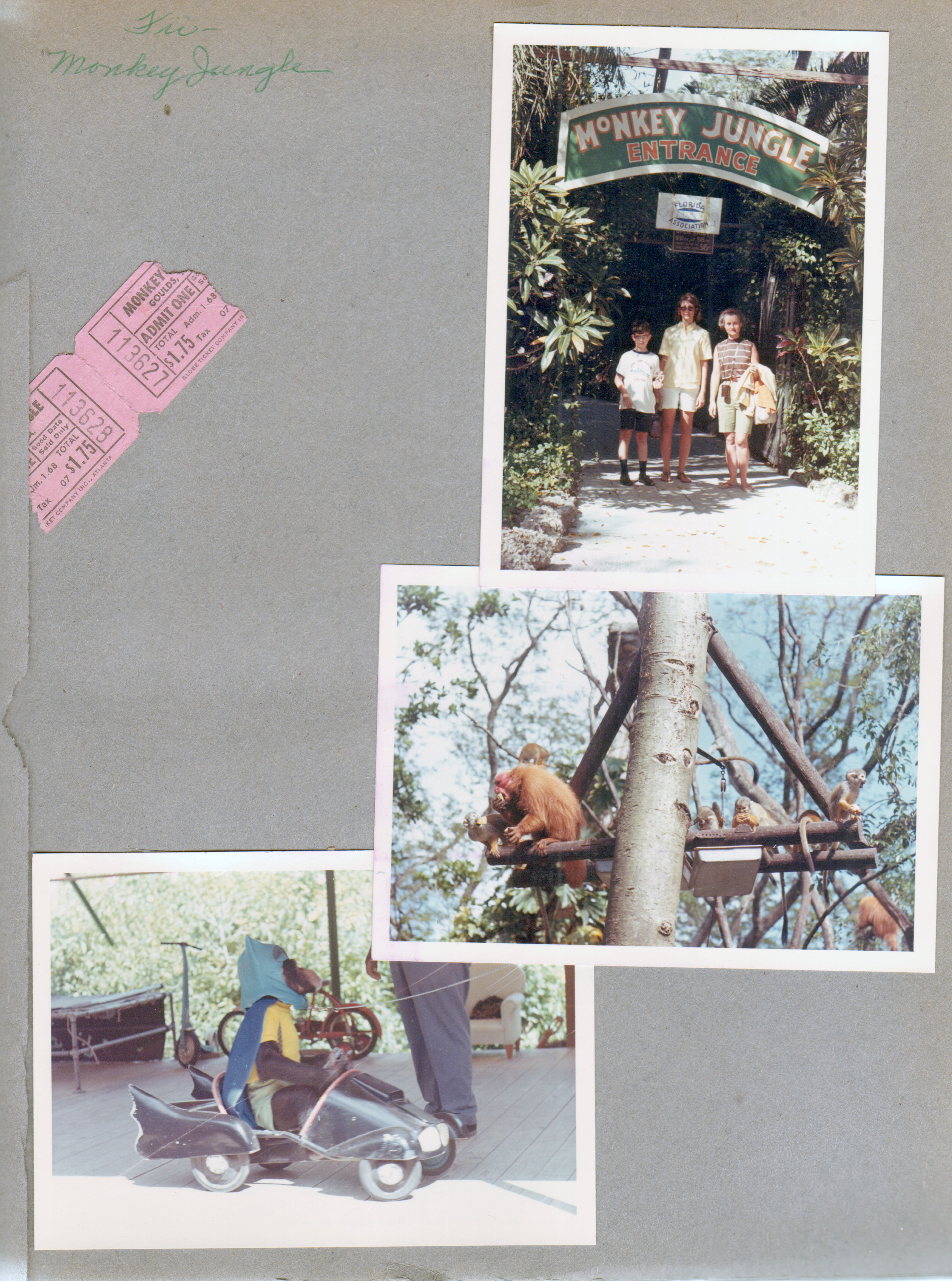 Monkey Jungle - entrance - Alan, Susan, Rosemary. Batman monkey. Tickets.
