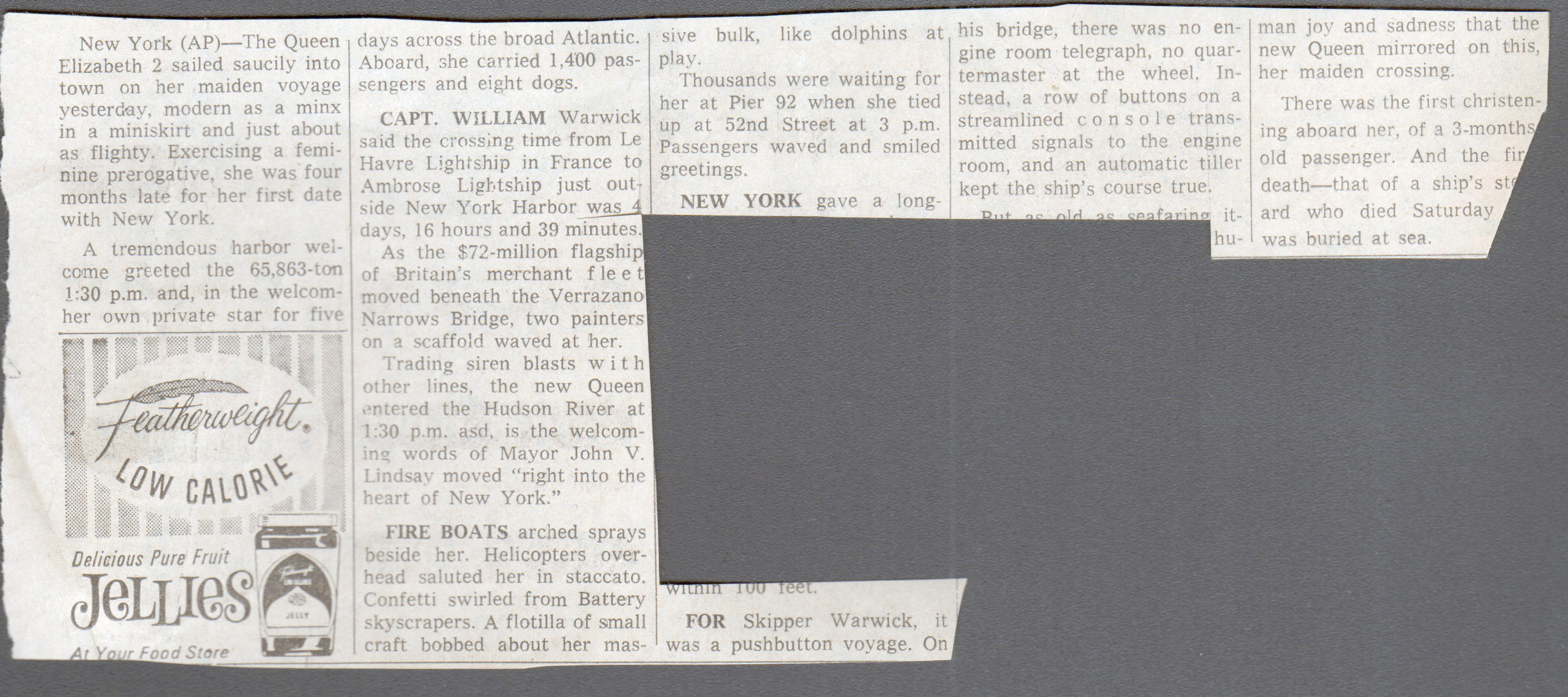 newspaper clipping - Queen Elizabeth II sails