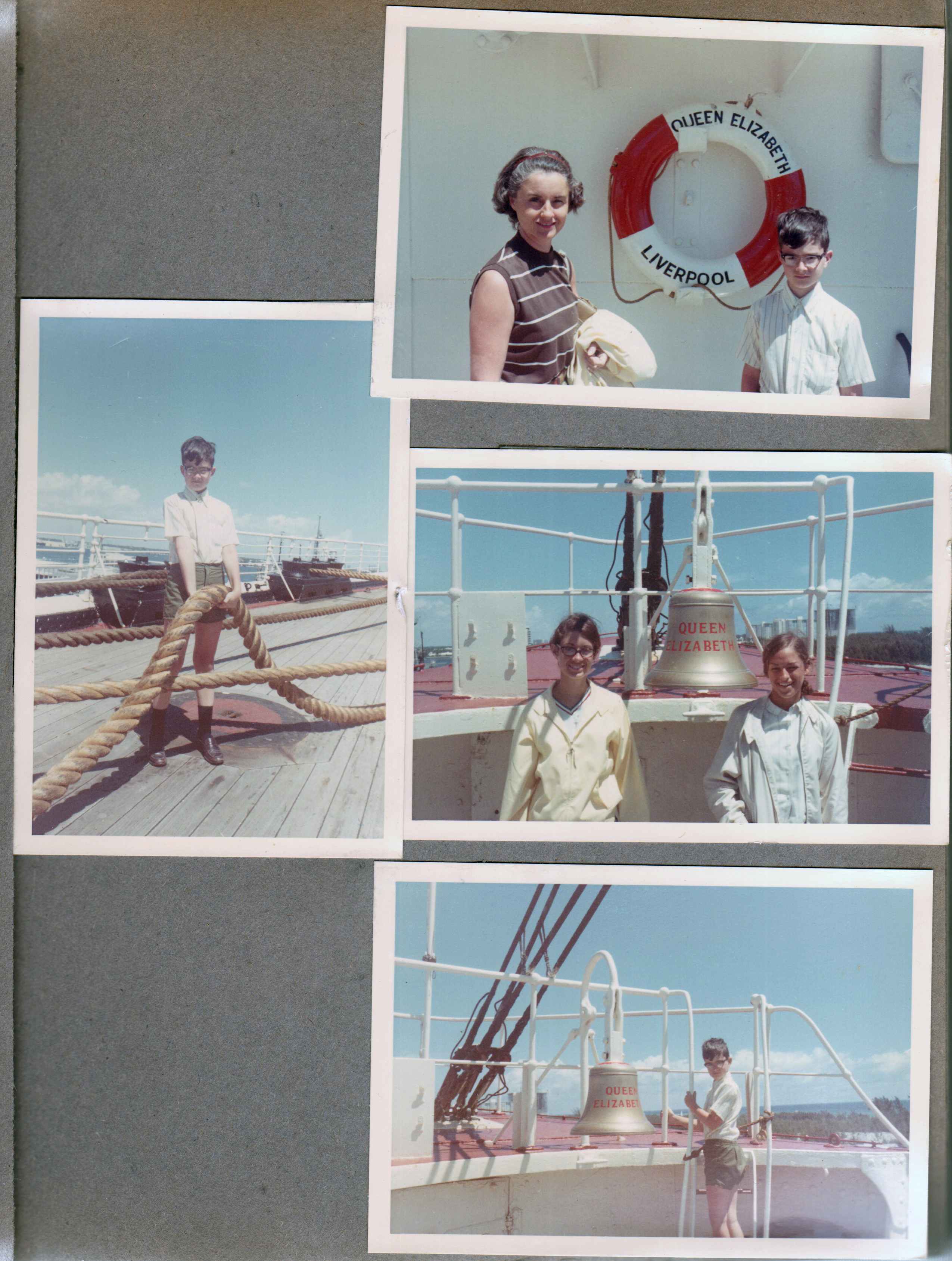 Queen Elizabeth Ft Lauderdale tour - Alan rope. Rosemary and Alan life preserver. Susan and  by bell.